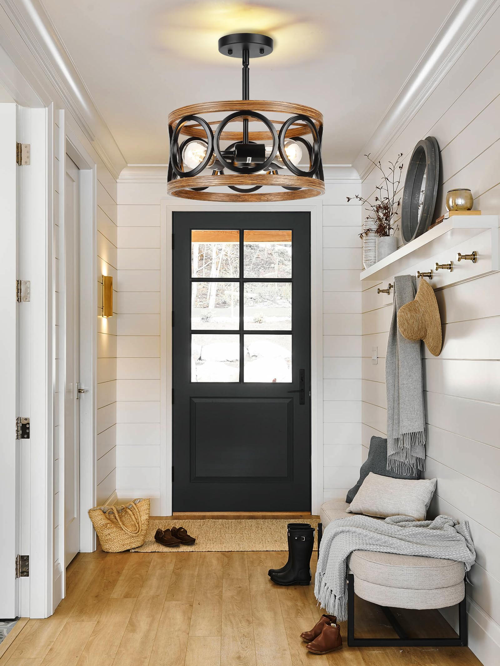 Qianzhan Farmhouse Semi Flush Mount Ceiling Light Fixtures, 3-Light Black Ceiling Light Rustic Light Fixtures For Hallway Entran