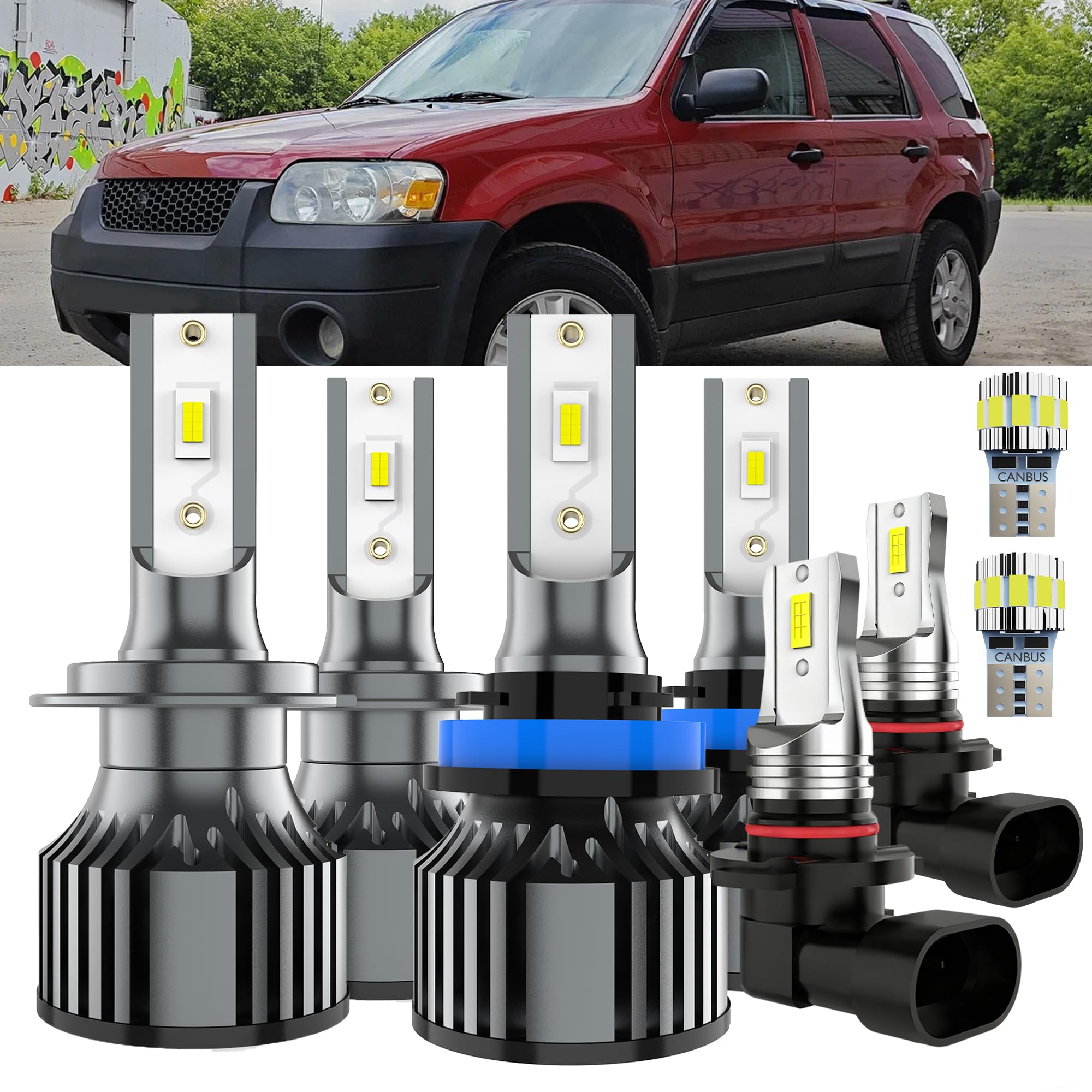 AYOTZIH Bulbs Fit For Ford Escape 2005-2006, High Beams Low Beams Fog Lights License Plate Lights Combo, 400% Brightness 6000K W