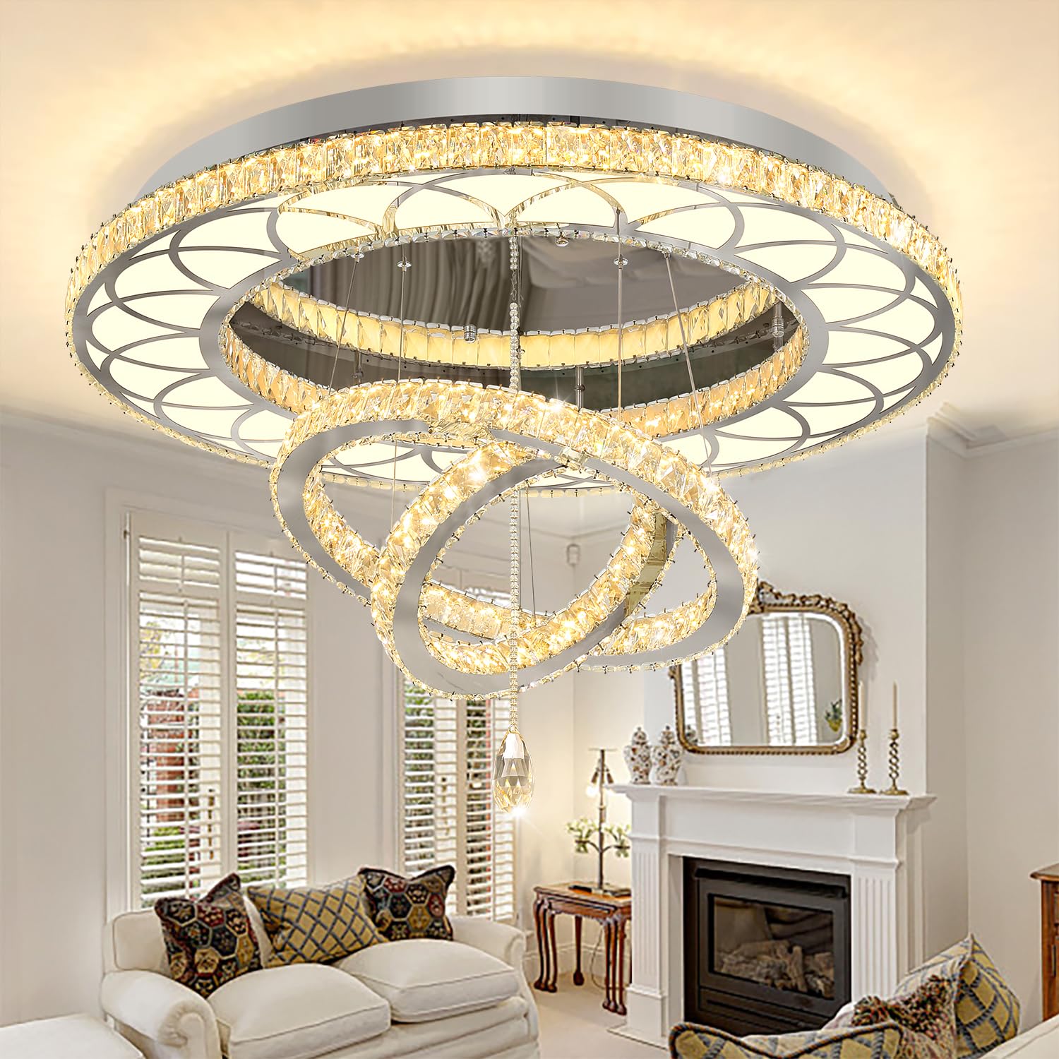 Flashing God Dia 48'' Large Chandelier Crystal Silver Ceiling Light Fixtures LED Flush Mount Ceiling Light for Living Room Bedro