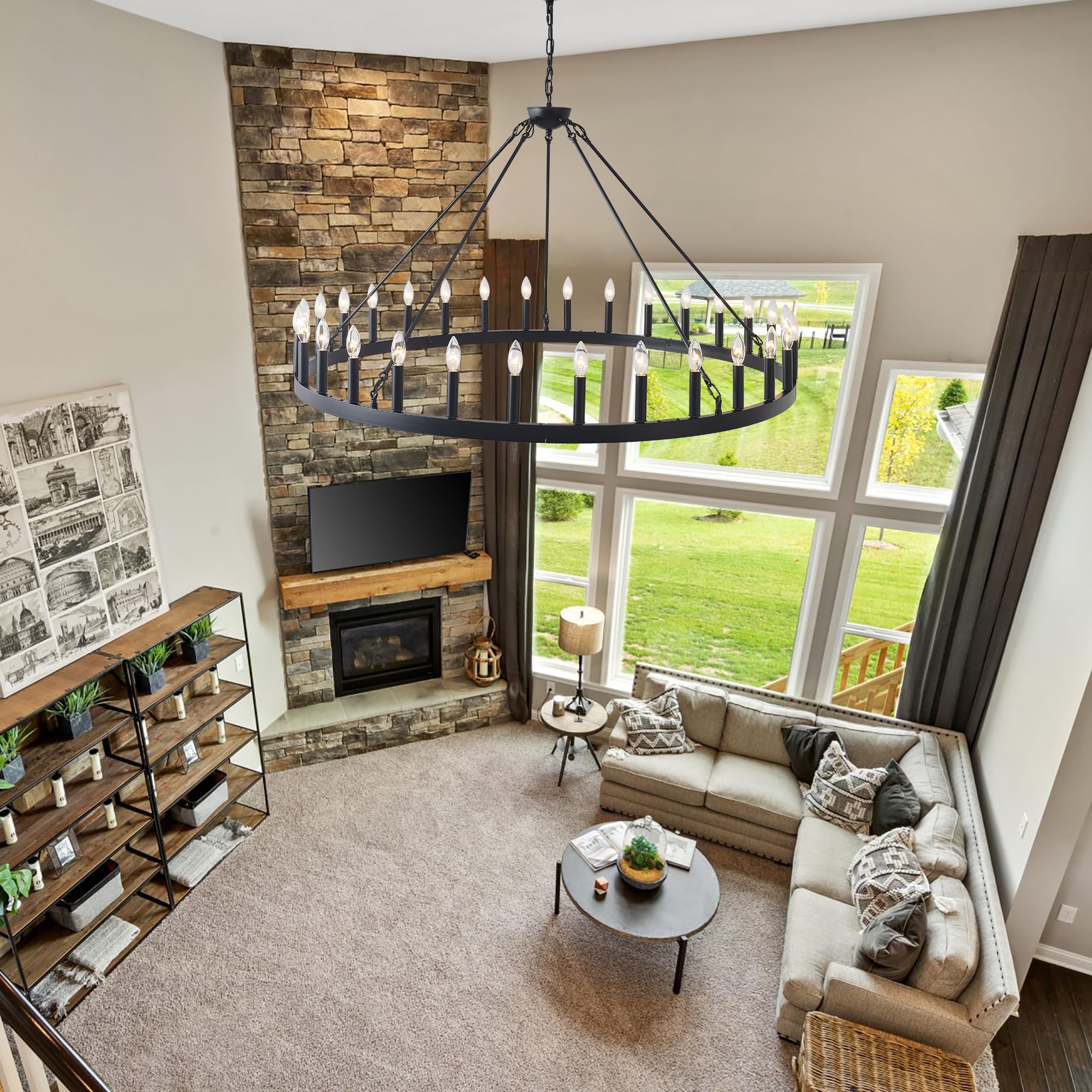 Zbmyrbzj 53&quot; Black Wagon Wheel Chandelier, 30-Light Metal Fixture For High Ceilings & Dining Room