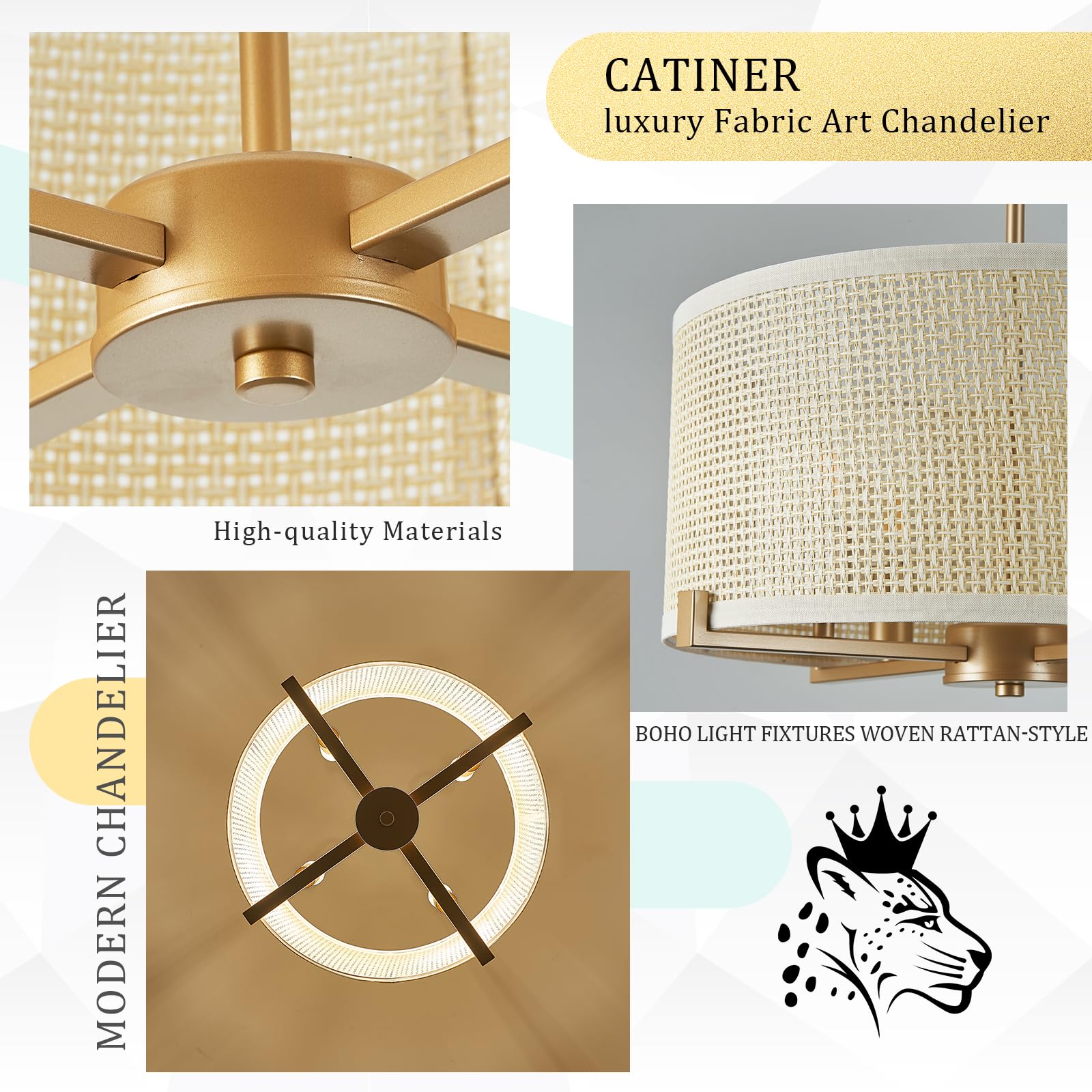 Catiner 4-Light Drum Chandelier 18'' Modern Gold Semi-Flush Mount Light Fixture With Woven Rattan Shade Boho Round Ceiling Penda