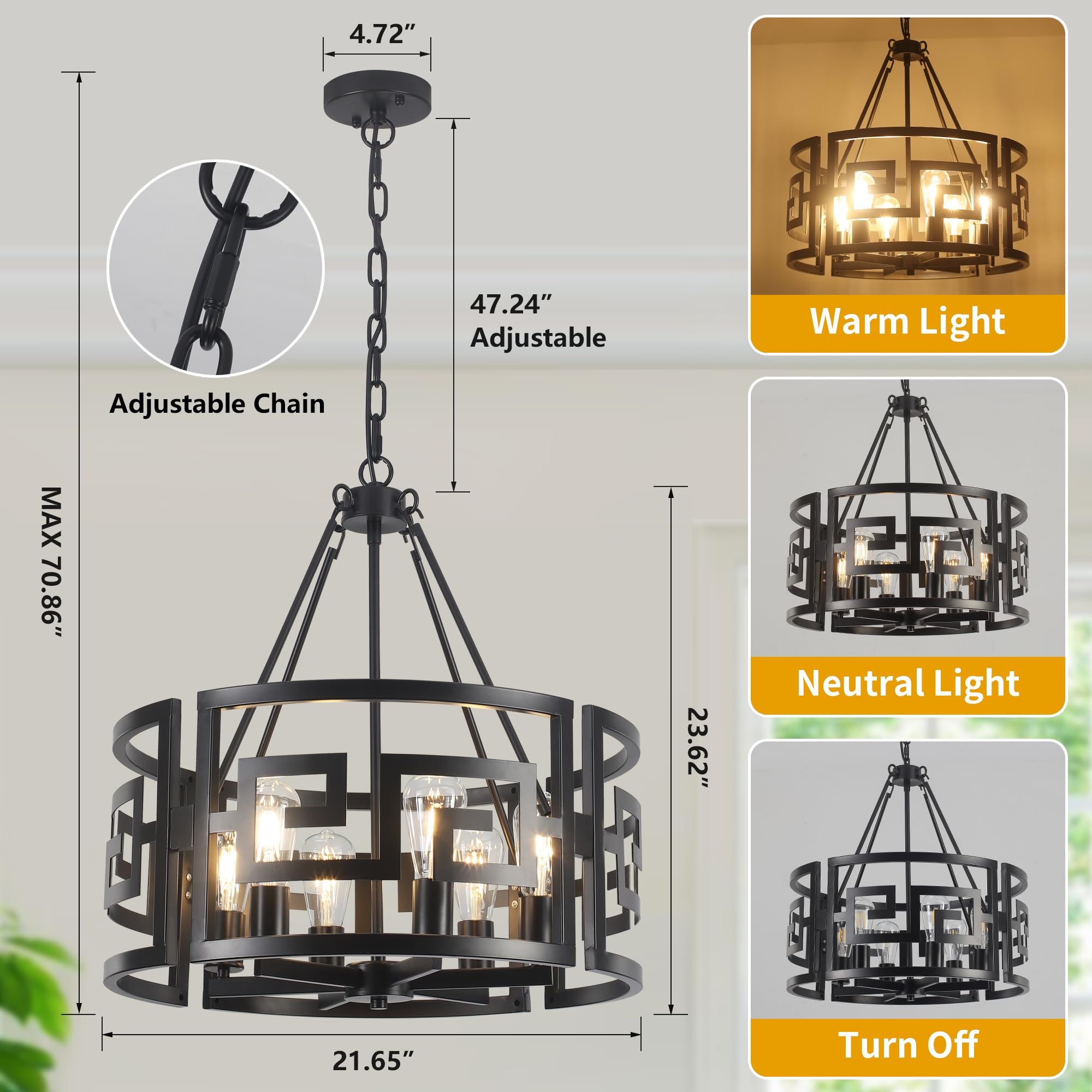 21.6'' Black Round Drum Chandeliers Dining Room Light Fixtures 6-Light Farmhouse Rustic Industrial Pendant Light Kitchen Island