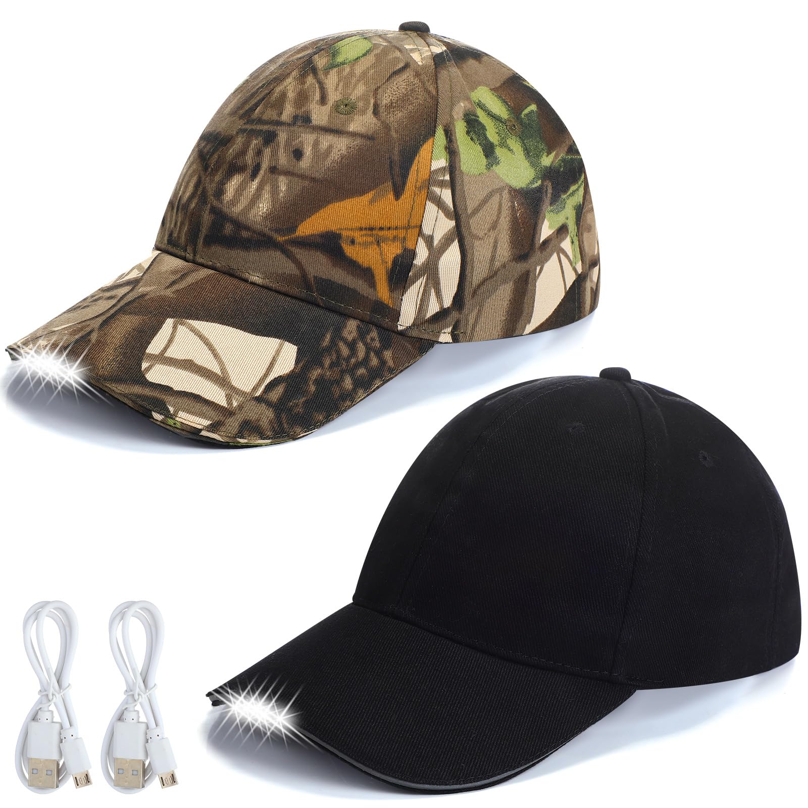 Syhood 2 Pieces LED Baseball Caps Flashlight Hats Hands Free Baseball Caps with Light Built in 5 Battery Powered Headlamp LED Ha