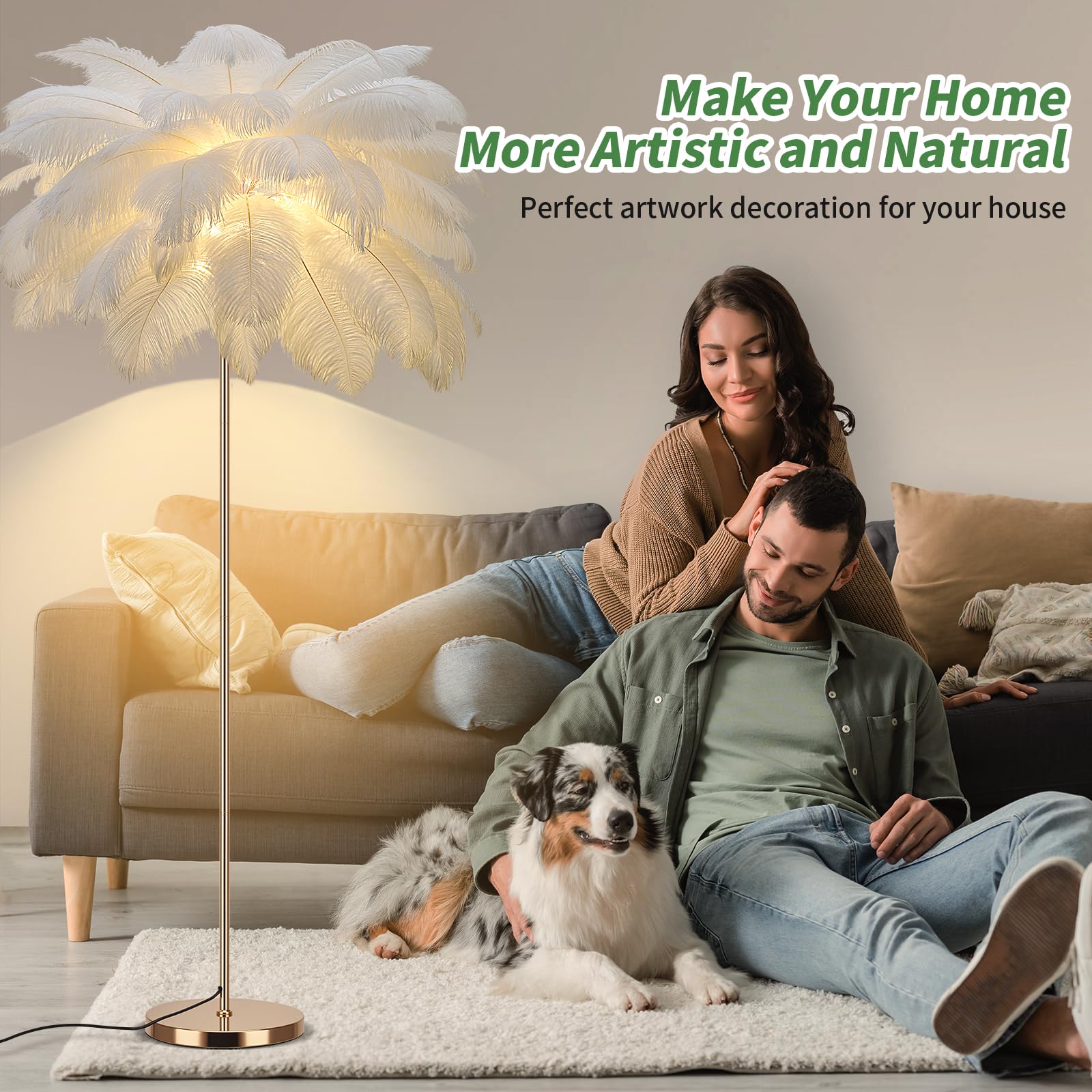 Fivemengo Feather Floor Lamp - Rose Gold Arc Design, 3 Color Temperatures, Includes Bright LED Bulbs, Ideal for Living Room & Bedroom