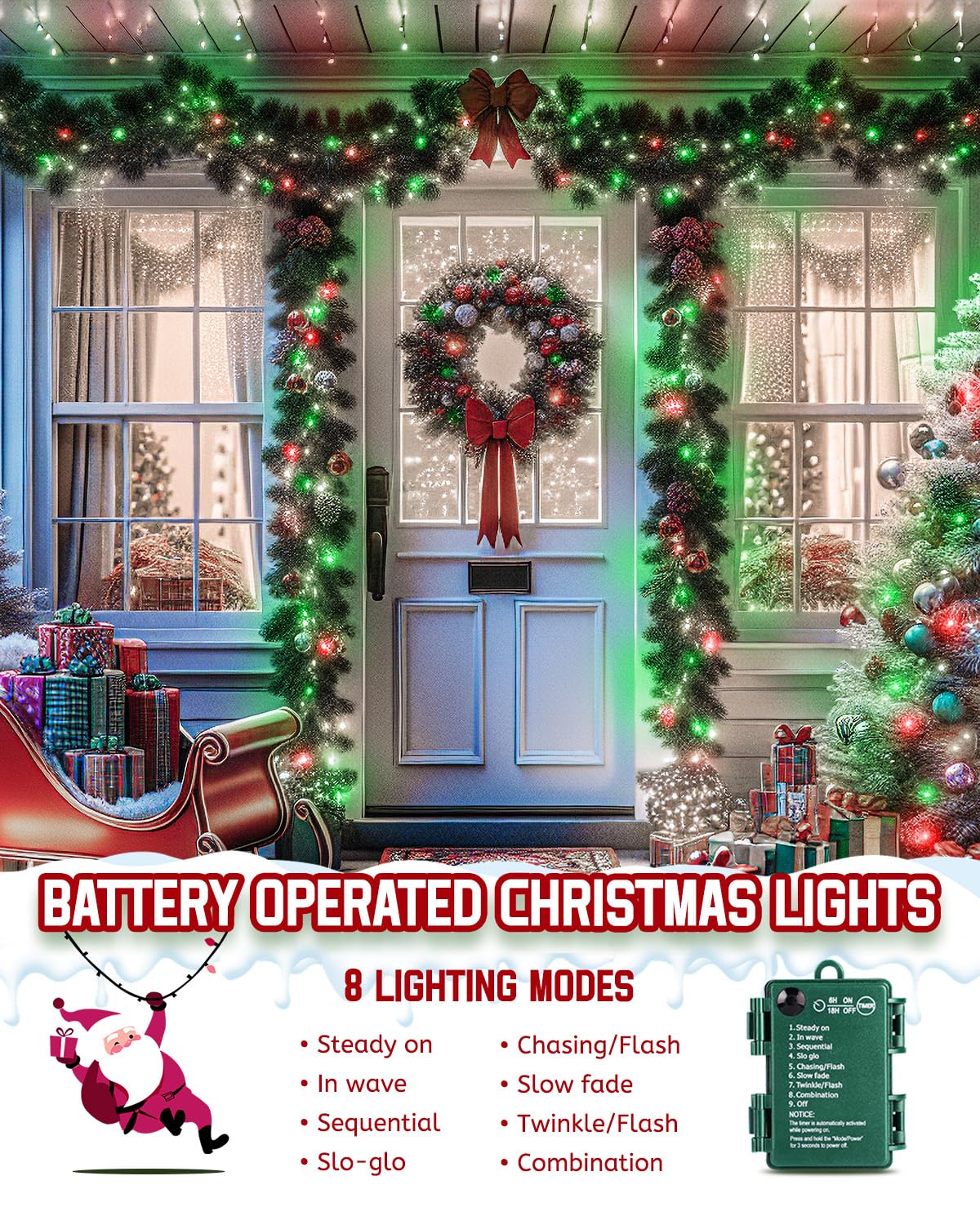Brightown Christmas Cluster Lights Battery Operated Outdoor, 10Ft 120 Led Christmas Tree Lights Firecracker String Lights Waterproof Twinkle Lights For Indoor Xmas Tree Decorations, Red Green & White