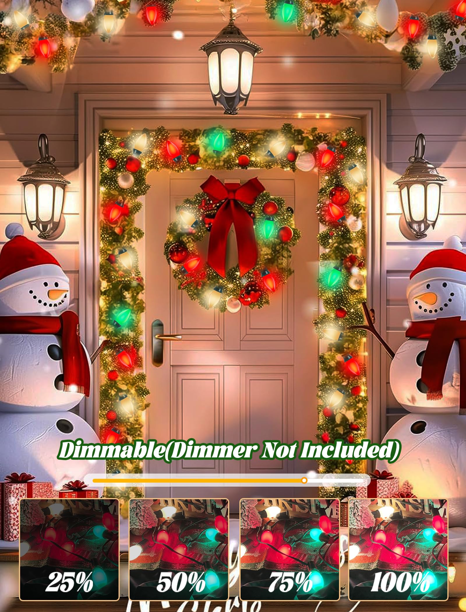 25Ft C9 Led Christmas Lights Outdoor, Vintage Christmas Lights With 26 C9 Led Red White And Green Bulbs, Hanging Outdoor Christm