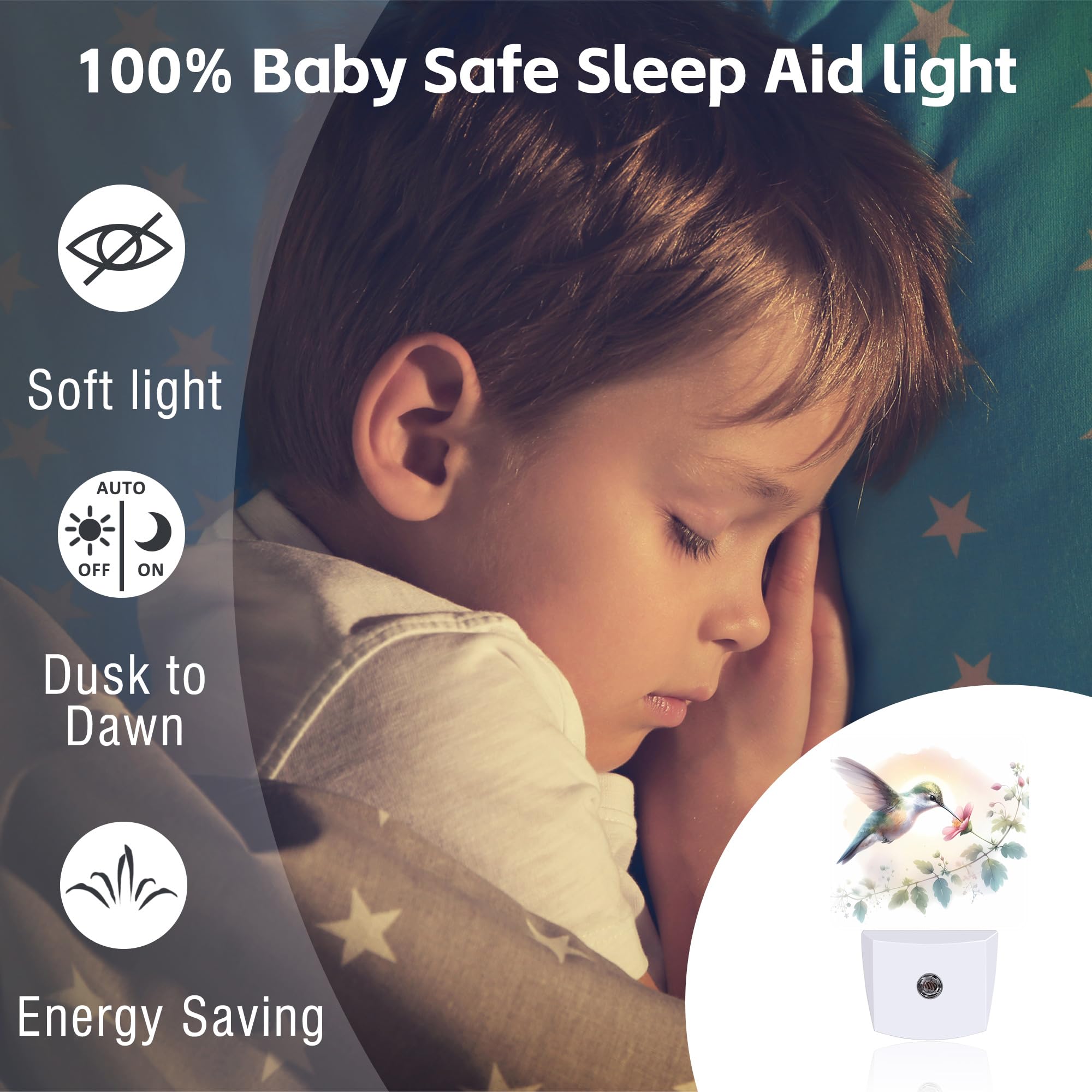 Groovy Hummingbird Flower Night Light For Kids, Watercolor Floral Bird Night Light Plug In With Dusk To Dawn Sensor, 0.5W Energy