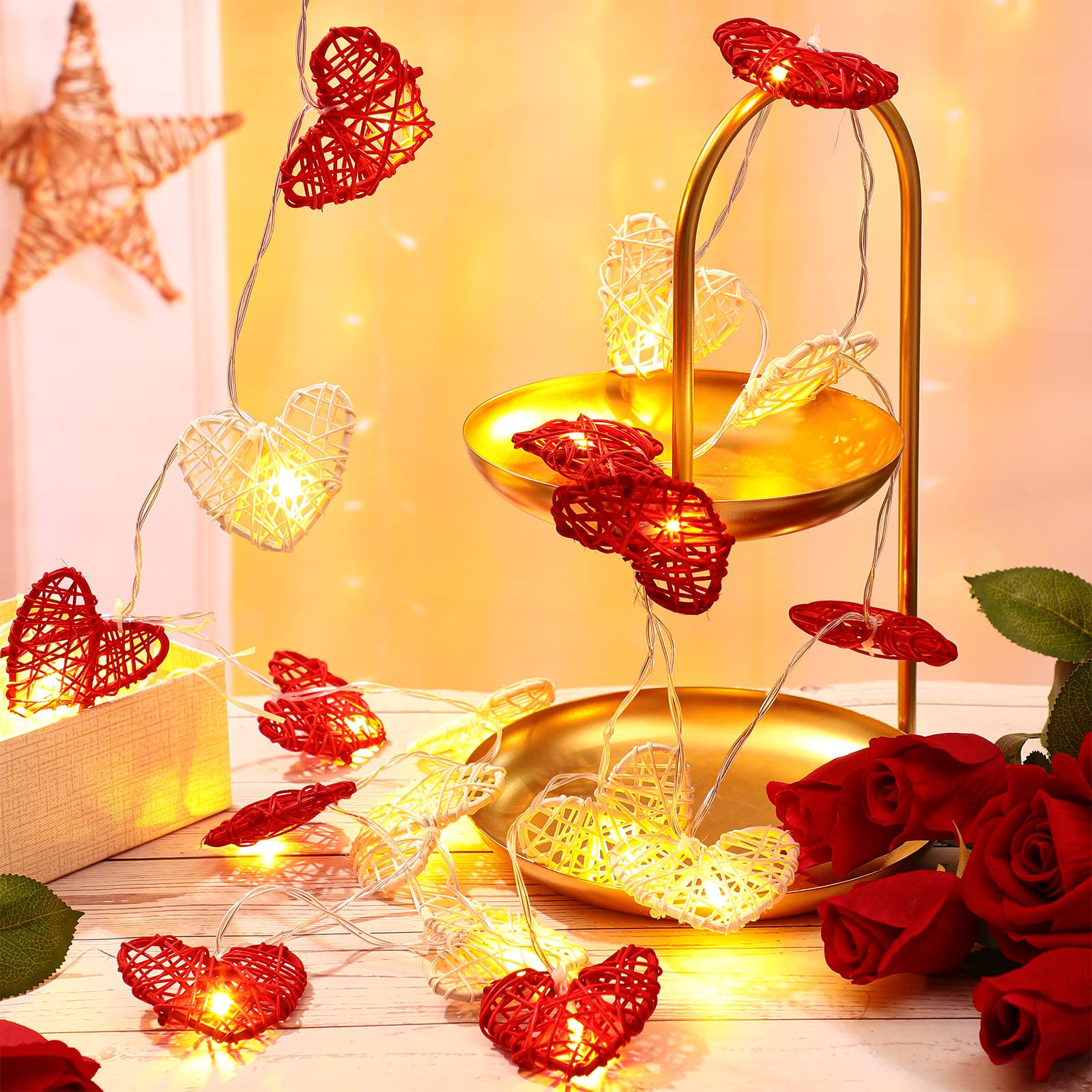 Mudder 10 Feet 20 Valentine'S Day Heart String Lights Heart Shaped Leds Garland Lights Valentines Day Decorations Rattan Vintage Decor For Indoor Outdoor Bedroom Wedding Party(1 Piece)