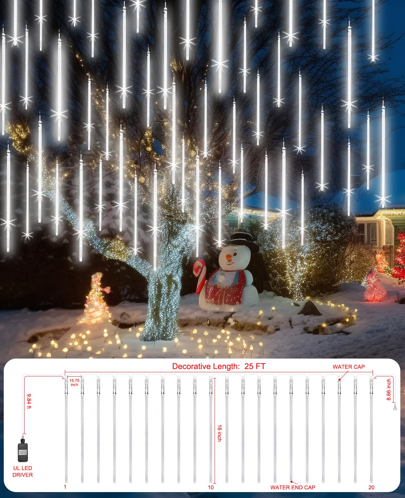 Eagwell Christmas Lights Outdoor 16 Inch 20 Tubes Meteor Shower Rain Light, Waterproof Falling Icicle String Lighting For Xmas T