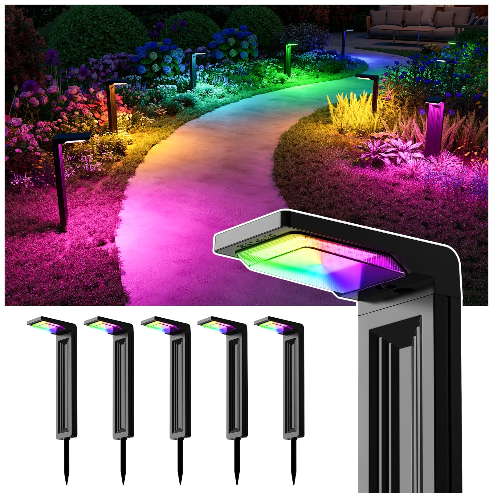 6 Pack Color Changing Solar Pathway Lights Outdoor Waterproof 20 Led Solars Powered Walkway Landscape Lamp For Garden  Lawn  Path  Yard  Driveway  Sidewalk  8 Colorful Accent Lighting Decoration(Rgb)