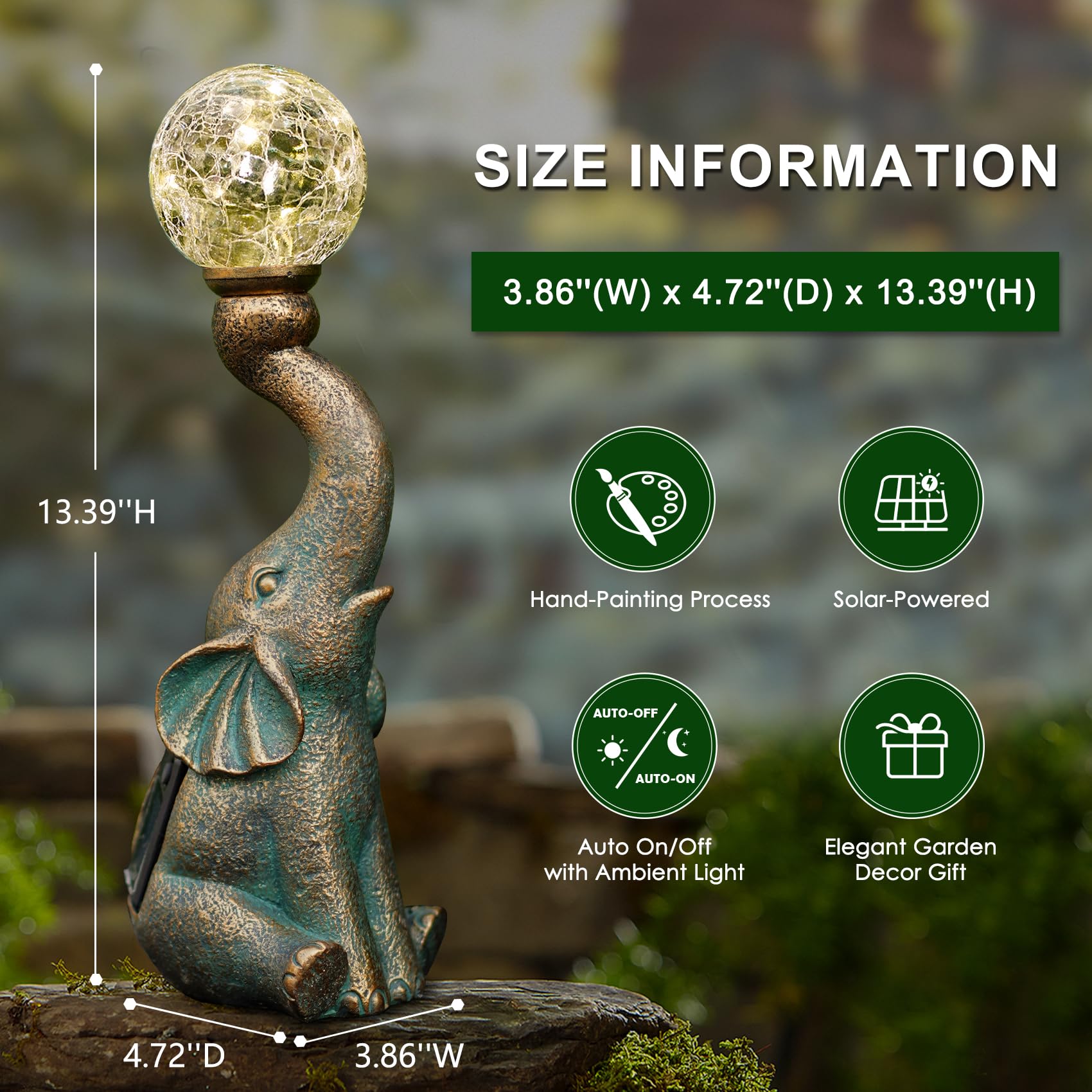 Mininova Garden Decor Outdoor Statues Elephant With Cracked Glass Ball, Cute Solar Figurine For Patio, Lawn, Yard Art Ornament D