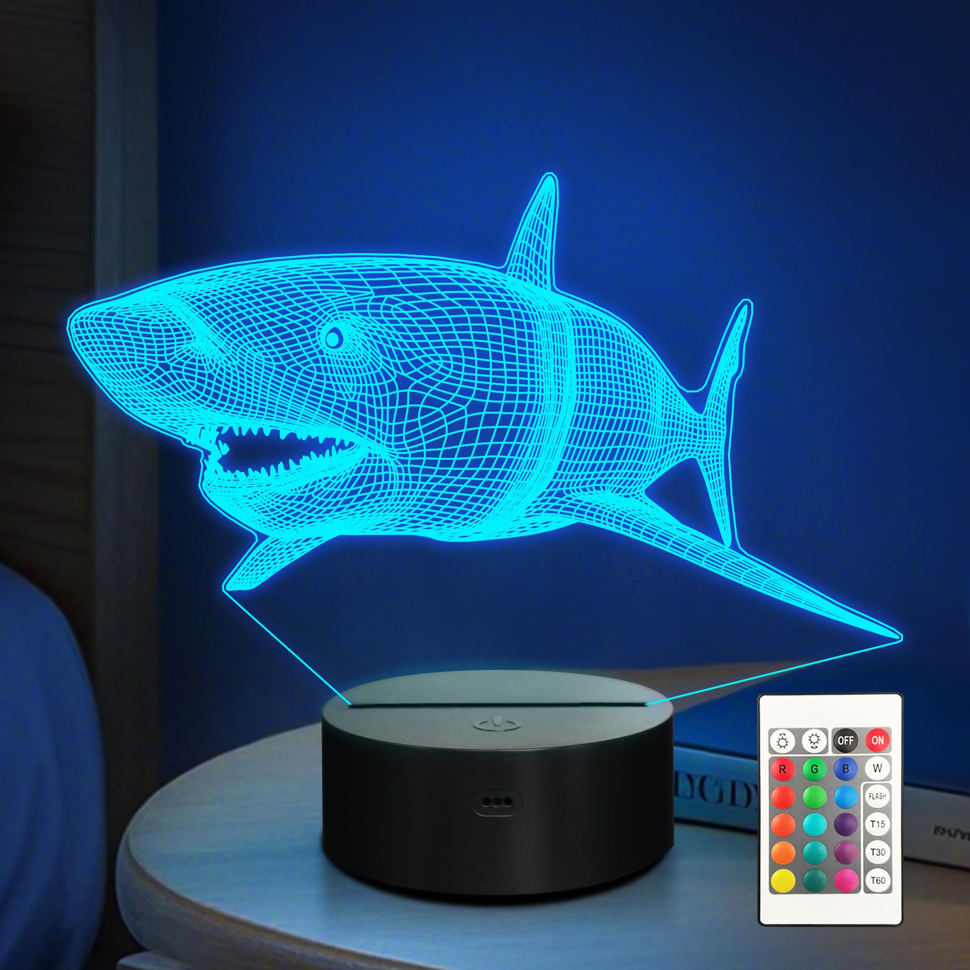 3D Shark Lamps Ocean Animal 3D Illusion Nightlights Led Timer Desk Dimmable Table Shark16 Color Changing Lights With Remote Control For Kids Boys Girls Children Holiday Birthday Christmas Gift