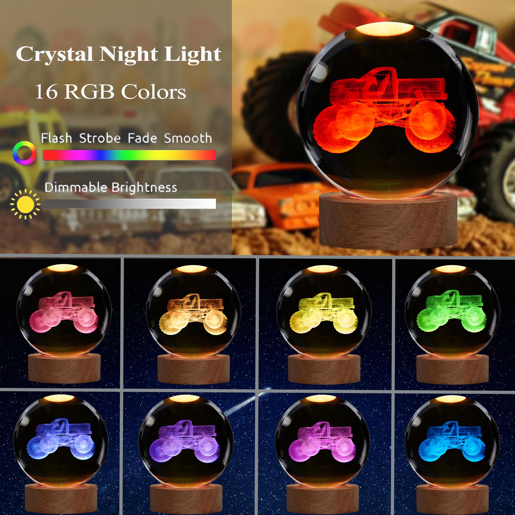 POSSHE Monster Truck Night Light, 3.15 Inch 3D Crystal Ball, 16 Color Remote, Perfect Gift for Boys & Girls Room Decor