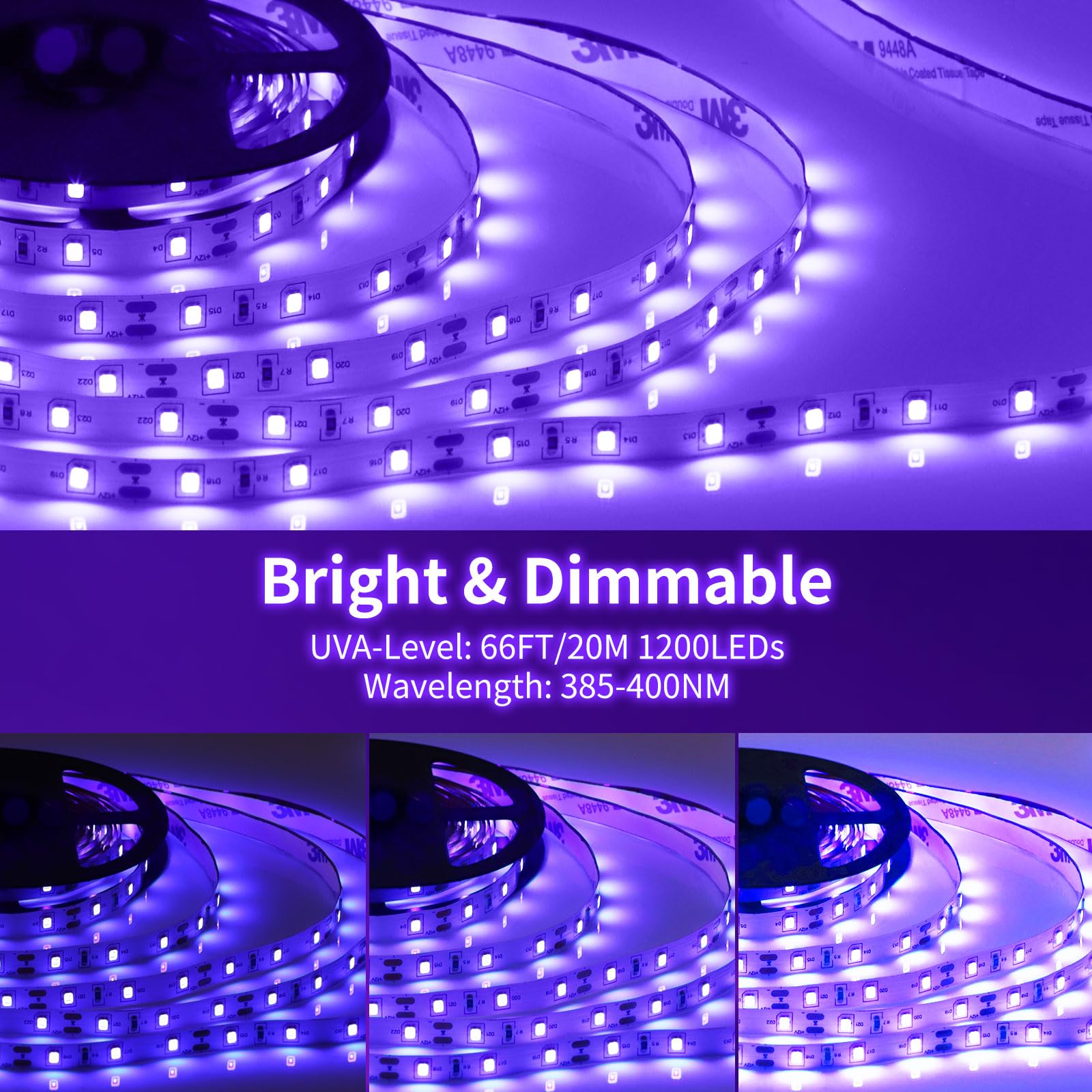 Isuerfy Dimmable Black Light Strip Kit 66Ft, 1200 Leds, Perfect For Glow Parties & Decor