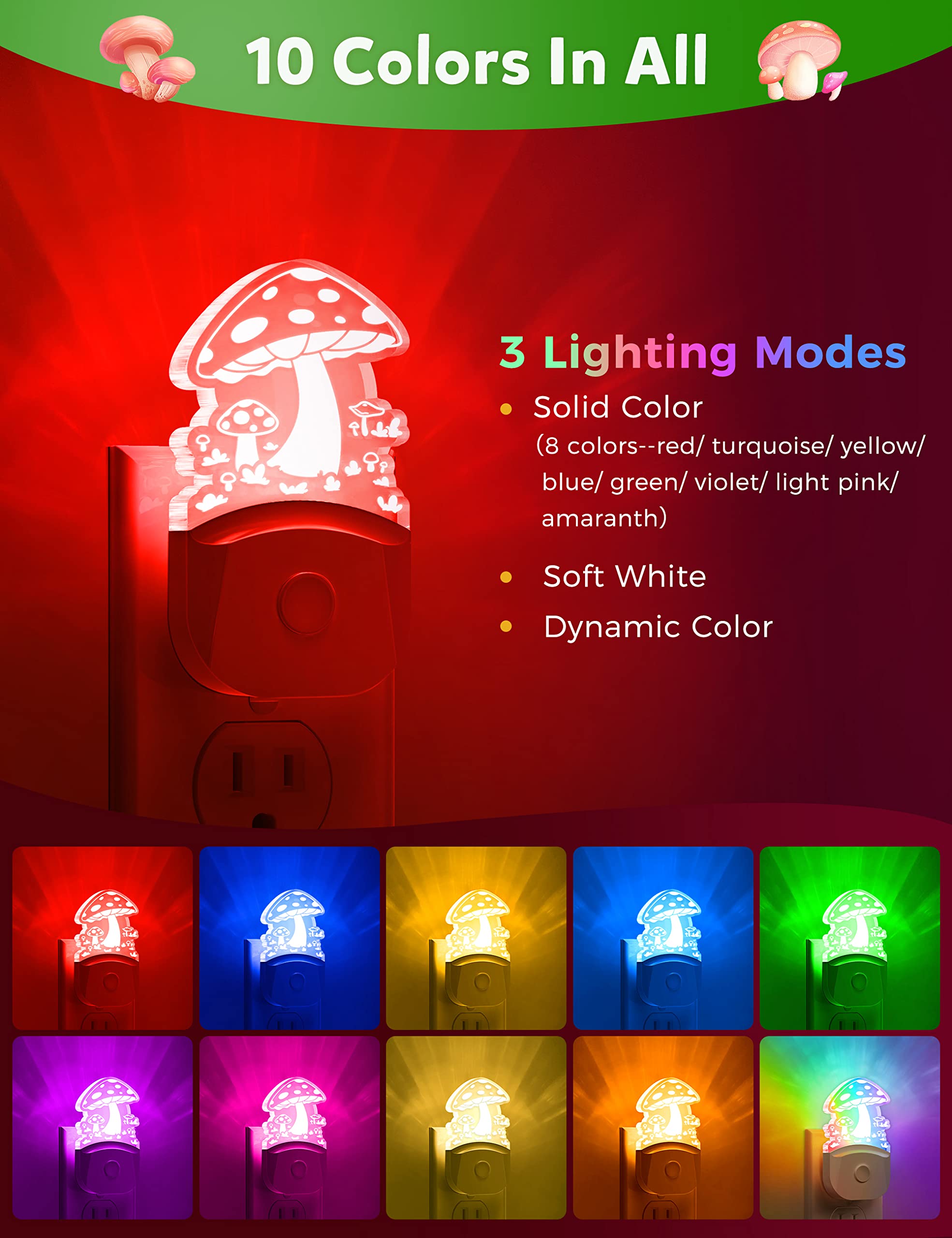 Mushroom Night Light [2 Pack], Plug In Lamp, 8 Color Changing Led Night Lights For Adults Kids Baby Children Nightlight Wall Mus