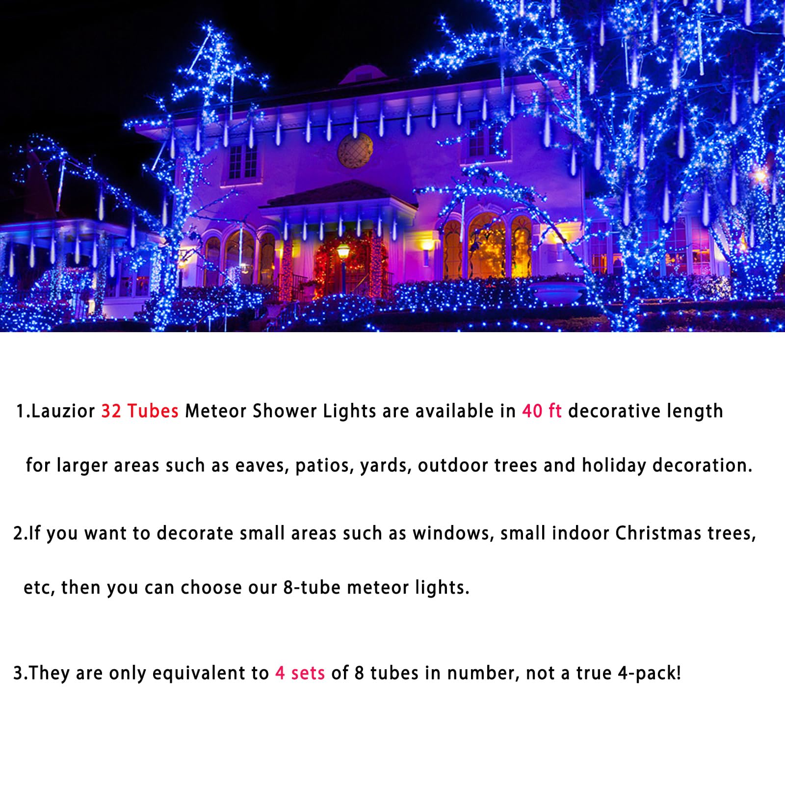 Christmas Lights Outdoors, 32 Tubes(Equivalent To 4 Sets Of 8-Tubes) Meteor Shower Rain Lights - Blue Lcicle Christmas Light Out