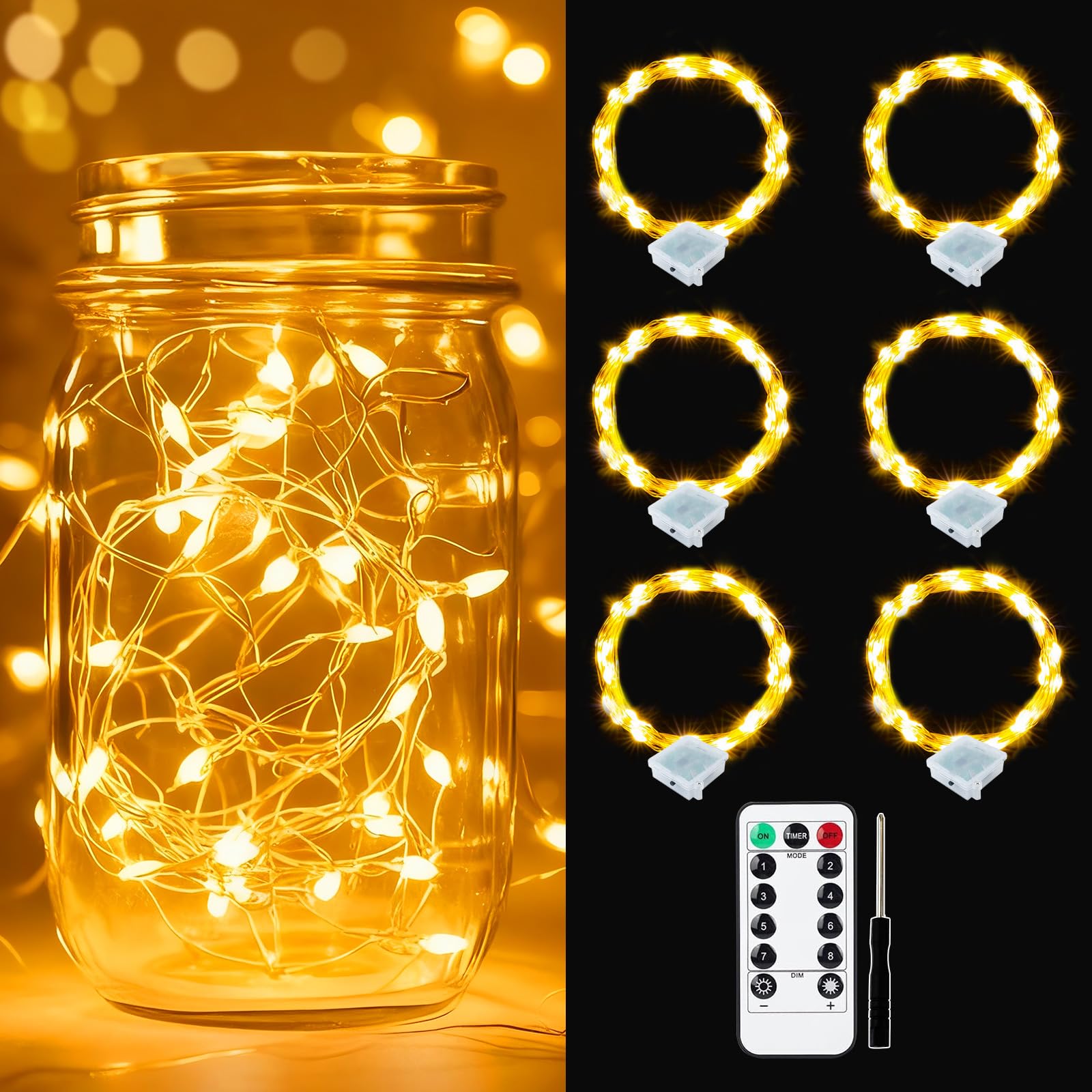 pozzolanas 6 Pack Warm White Battery Operated String Lights with Remote - 7ft Waterproof Fairy Lights with 20 LEDs for Home, Mas
