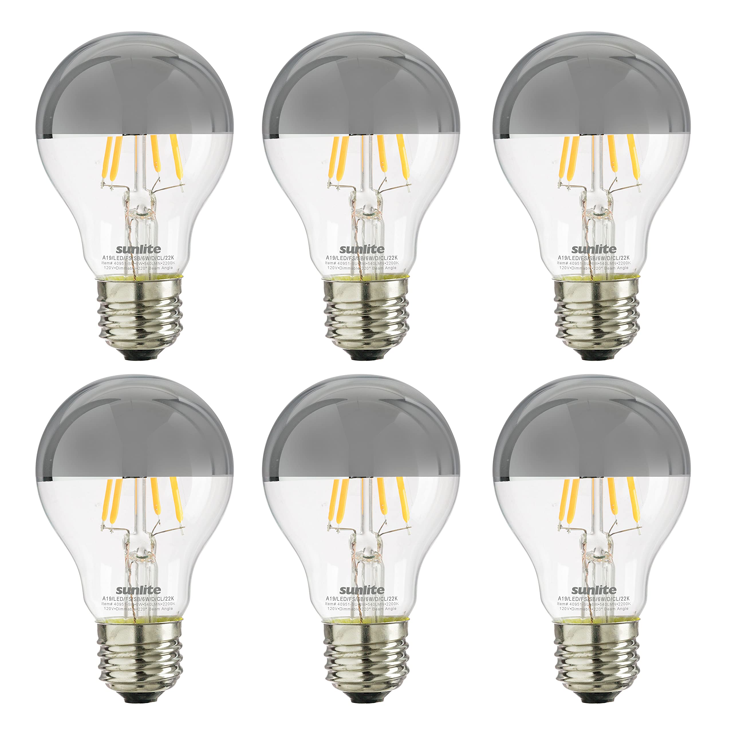 Sunlite 40951 LED A19 Edison Half Chrome Globe Light Bulb, 6 Watts (40W Equivalent), 540 Lumens, Standard E26 Base, Dimmable, De