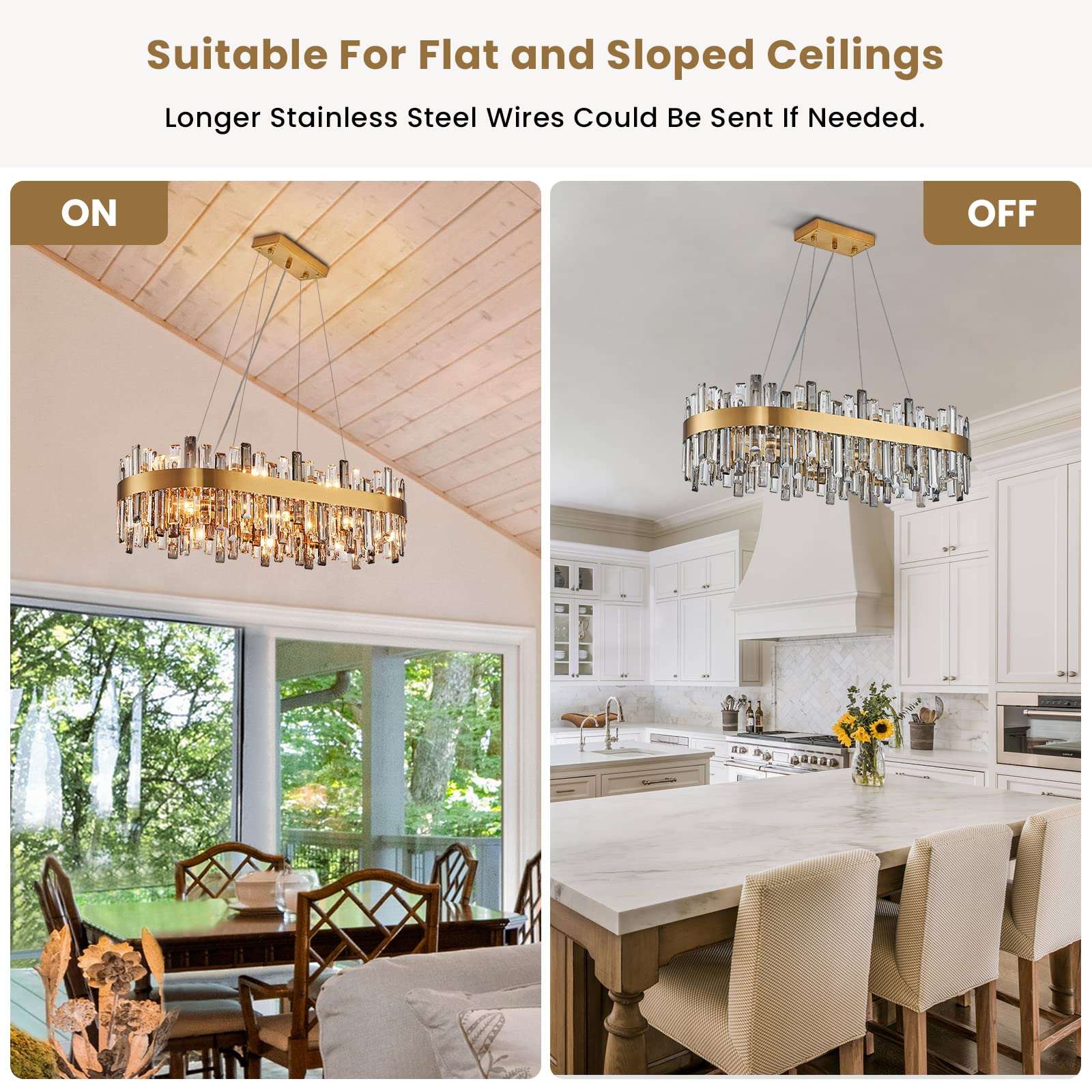 Siljoy 35.4in  Gold Oval Crystal Chandelier, 16-Light K9 Crystal, Metal, Clear & Grey, Model FSK0622, Ideal for Dining Room and Kitchen Island