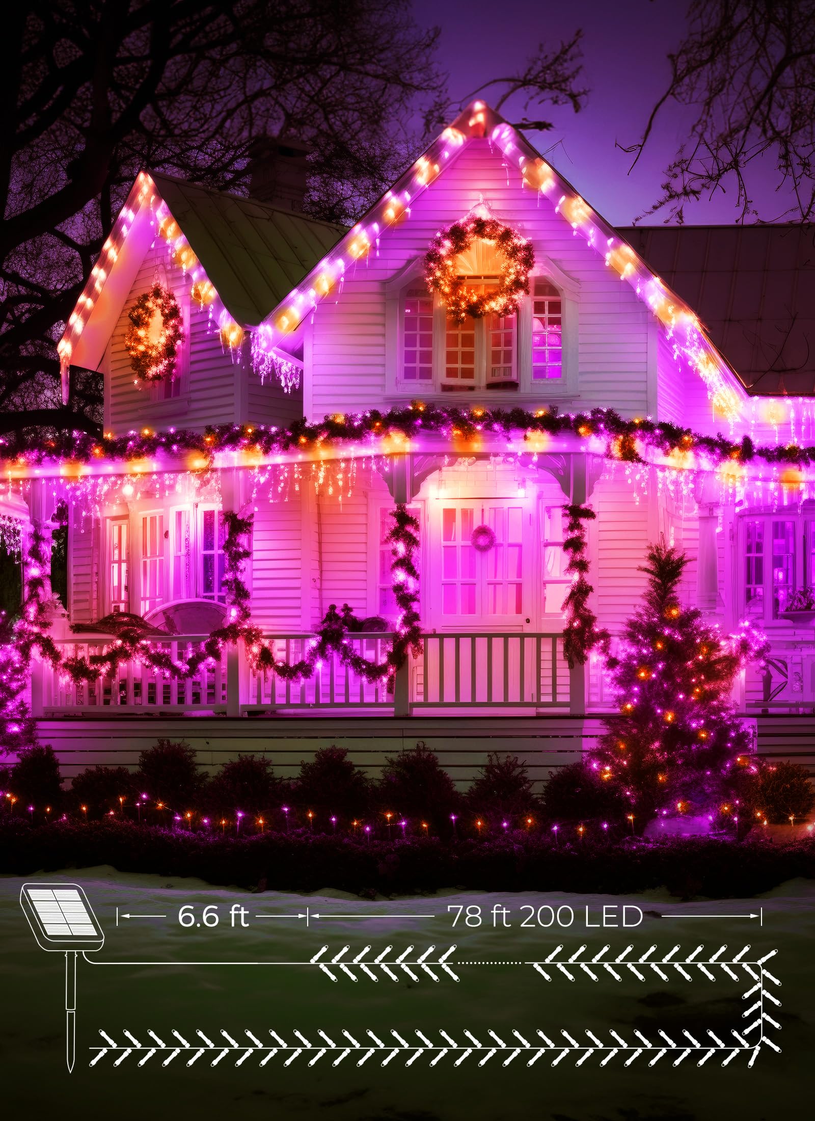 Brightown 2-Pack 400Led 170Ft Total Halloween Solar Outdoor Lights Ip65 Waterproof Solar Powered Lights With 8 Lighting Modes For Party Garden Yard Home Holiday Tree Decoration Lighting Orange&Purple
