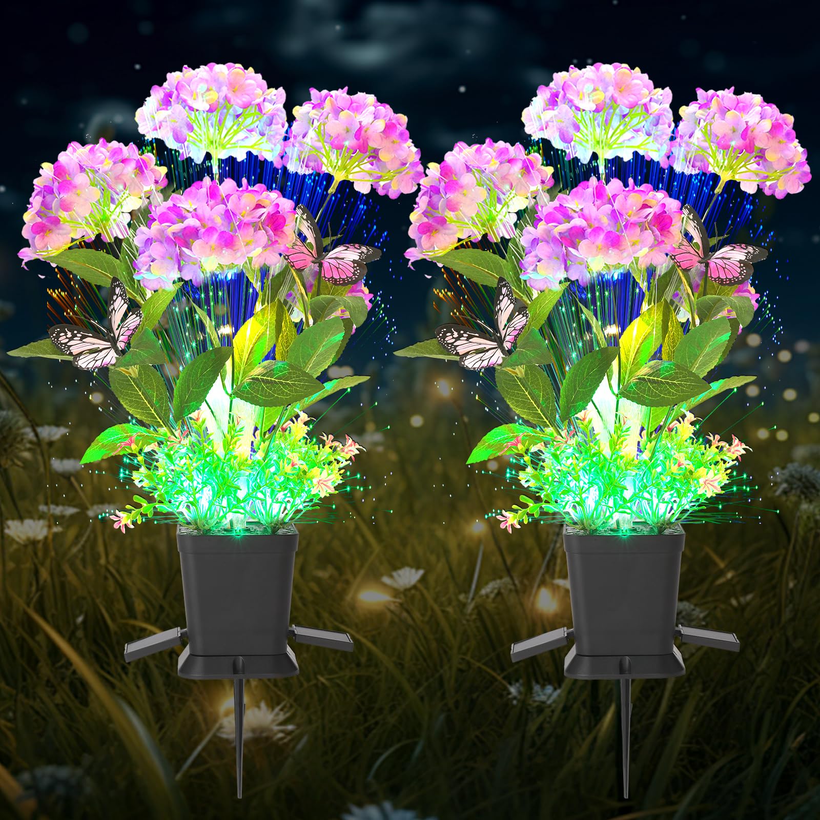 Aukora Solar Garden Lights Potted Outdoor with 7 Lights, Hydrangeas, Butterfly & 7-Color Changing Optical Fiber, Decorative Sola