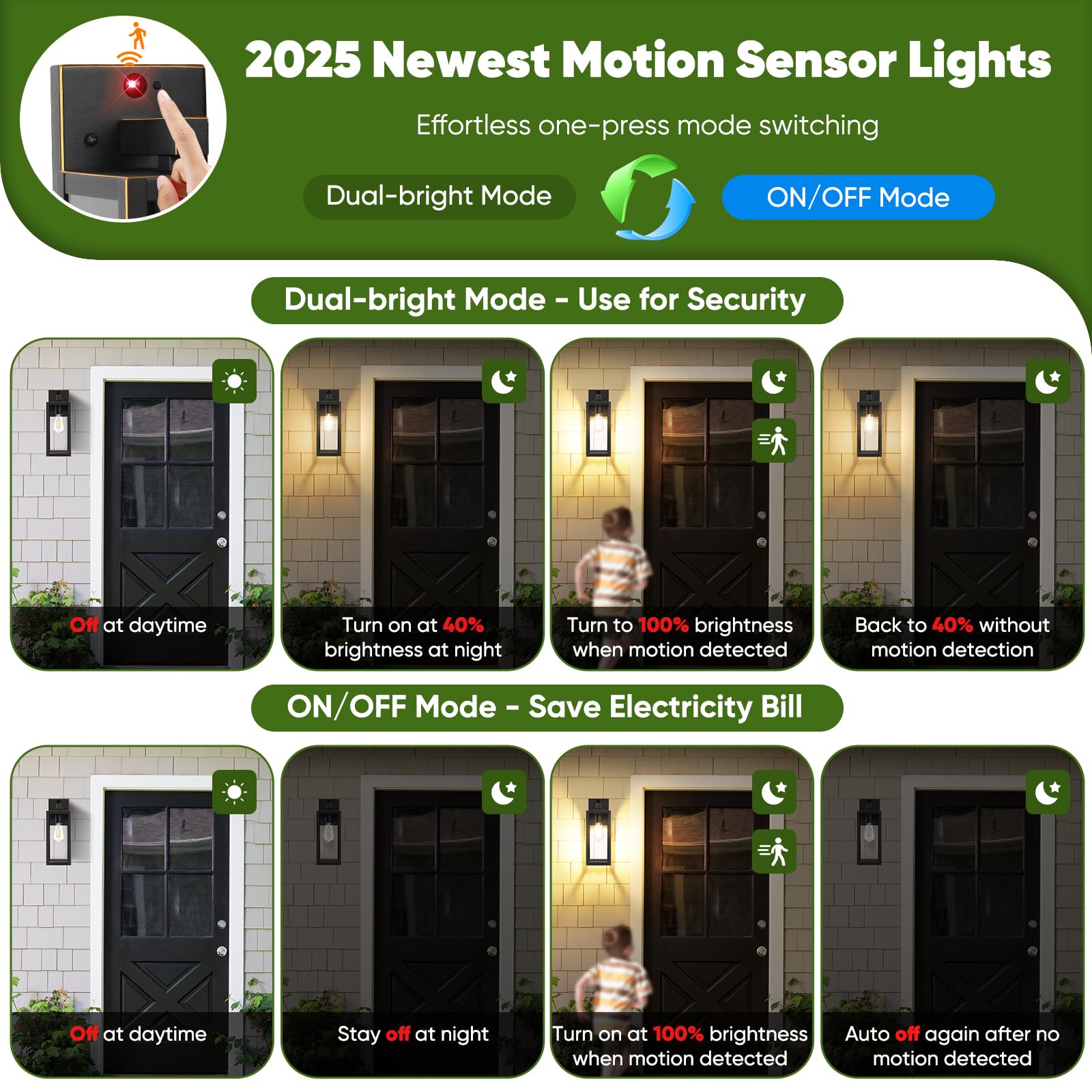 Upgraded Motion Sensor Outdoor Wall Light, Large Size Dusk To Dawn Porch Light Outdoor Wall Sconce Lantern, 3 Lighting Modes Ext