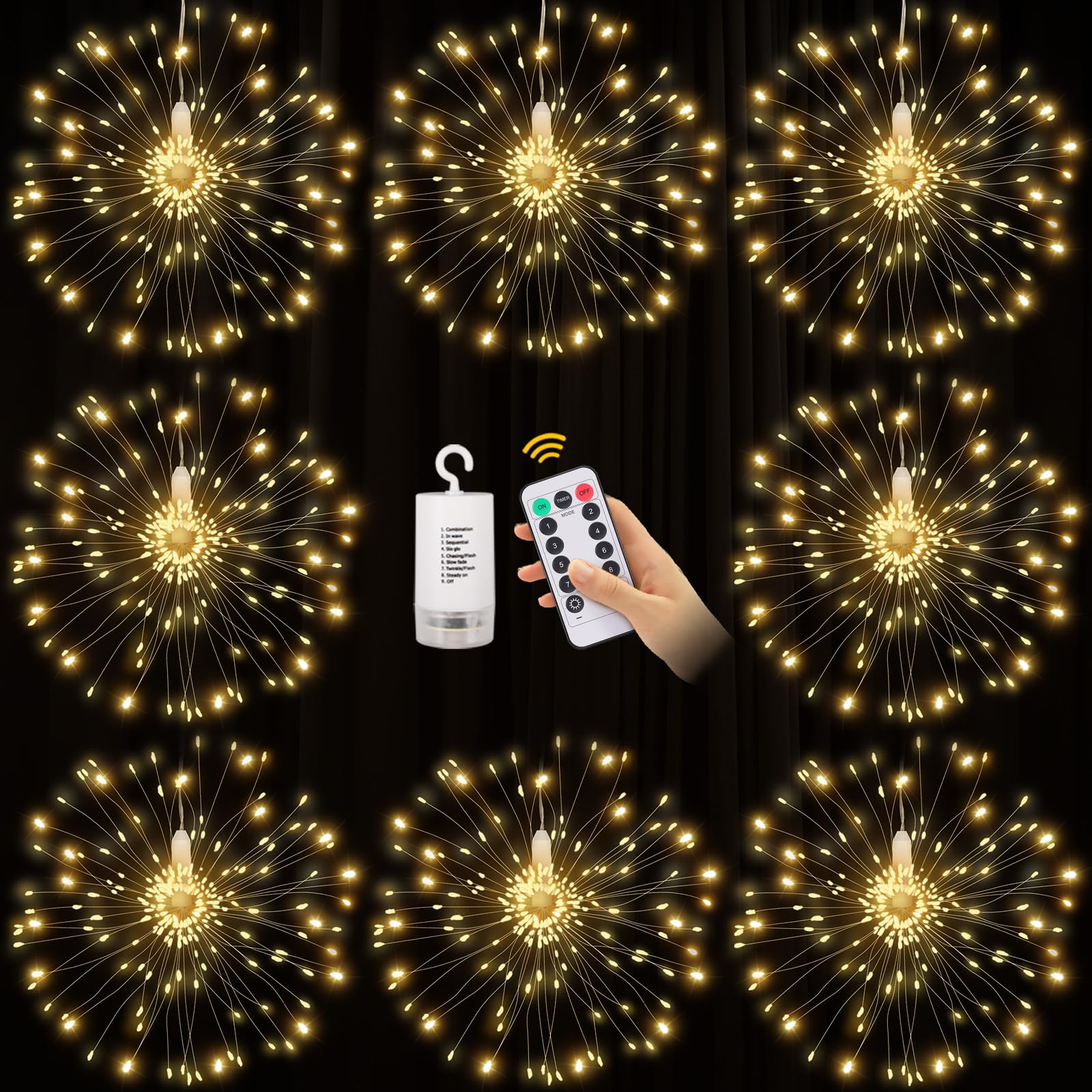 8 Pack Firework Lights 120 LED Copper Wire Firework Lights, 8 Modes Dimmable String LED Lights with Remote Control,Waterproof Ha