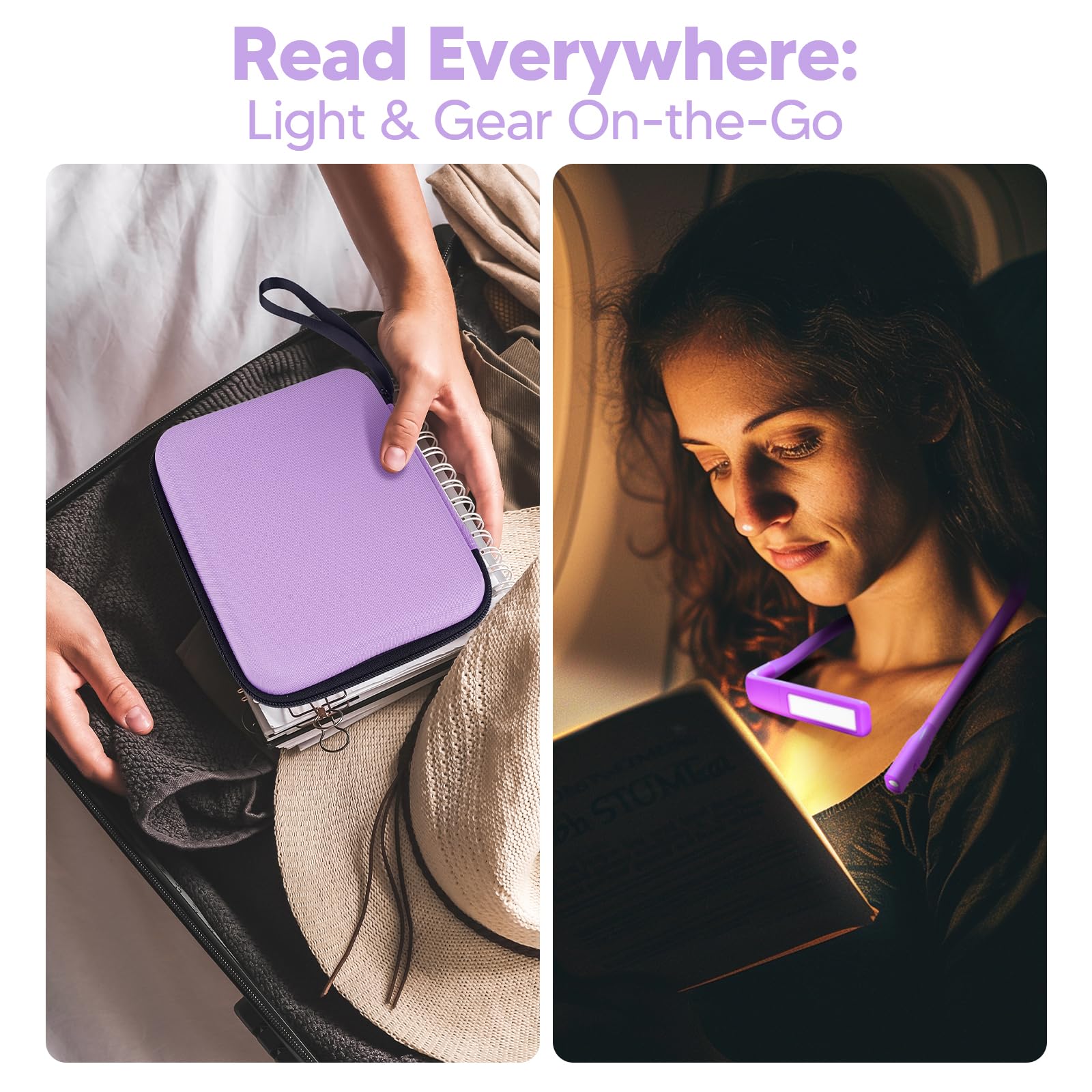 Voilet Neck Light With Storage Case, 10-80Hrs Eye-Friendly Book Reading Light, Knitting Crochet Sewing Craft Light Rechargeable