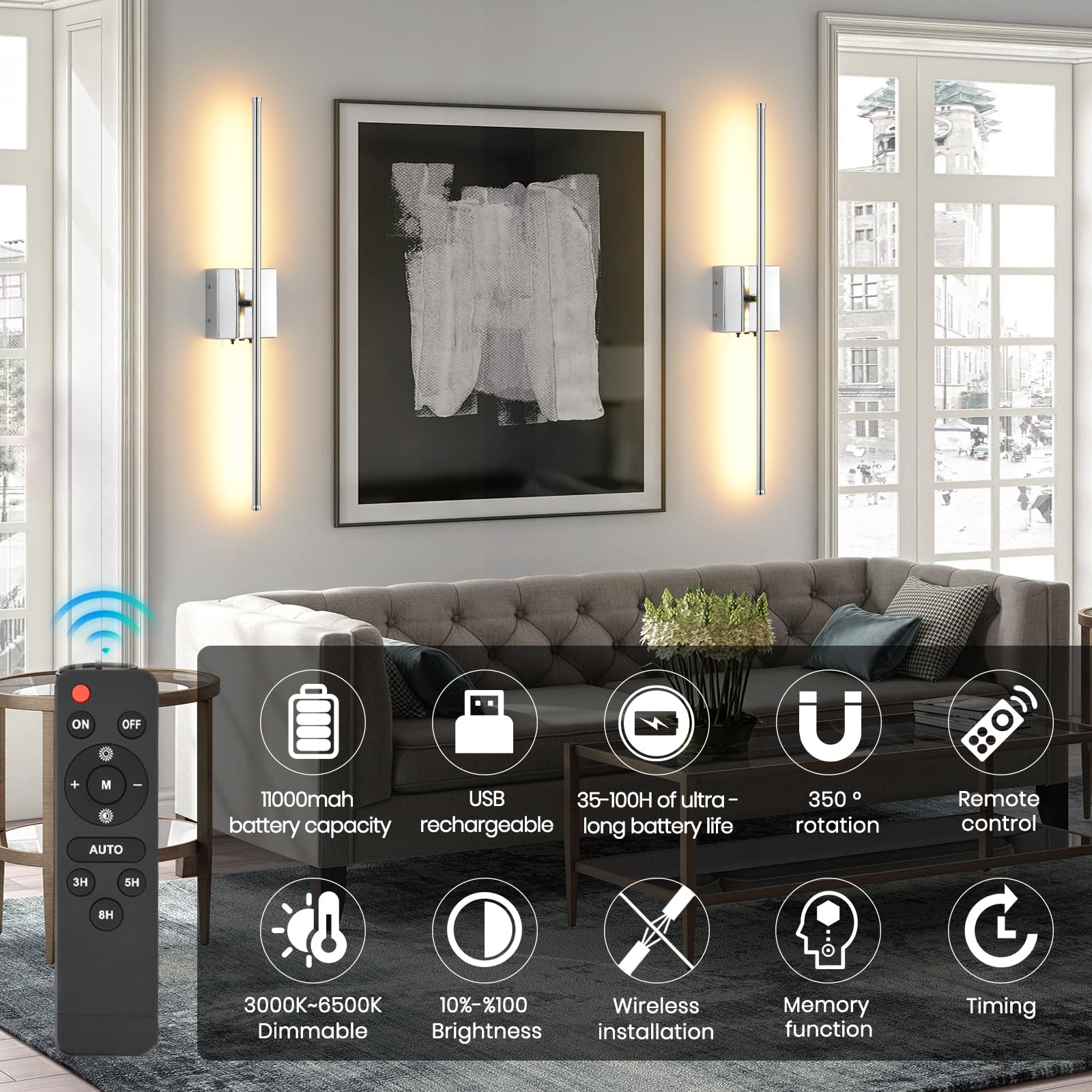 Set Of 2 Battery Operated Wall Sconces, 11000Mah Wireless Rechargeable Brushed Nickel Wall Lights With Remote Control, 350Rotate