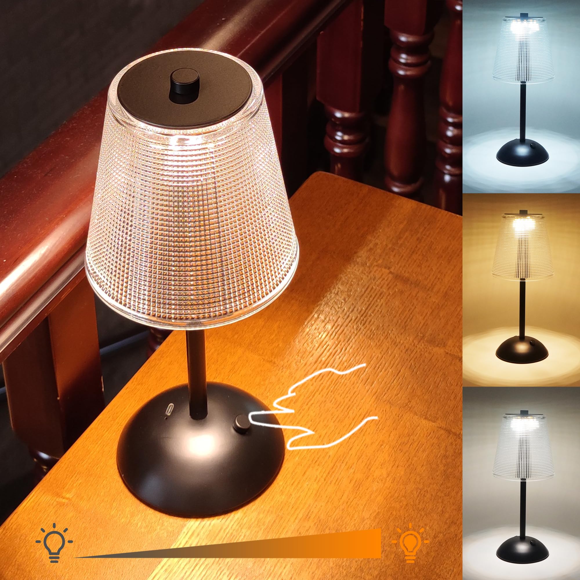 Amingulry Cordless Rechargeable Table Lamp, 3 Color Modes, Dimmable Led, Black Metal