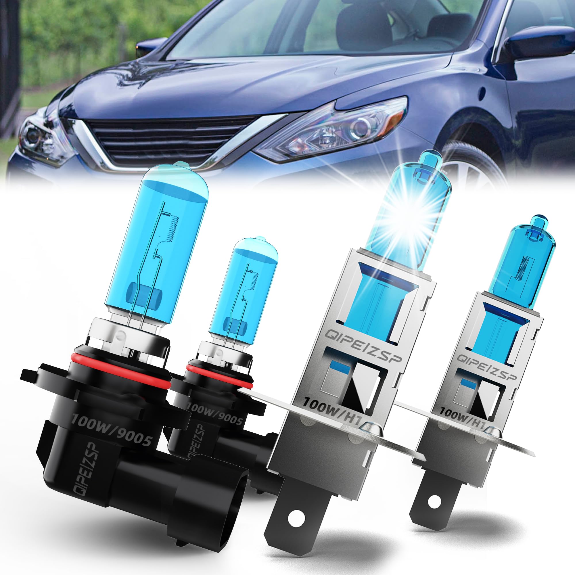 QIPEIZSP Headlight Bulbs Compatible With Nissan Altima 2002-2006 Front Bulb Bright Light halogens Combo, 9005 High Beam + H1 Low