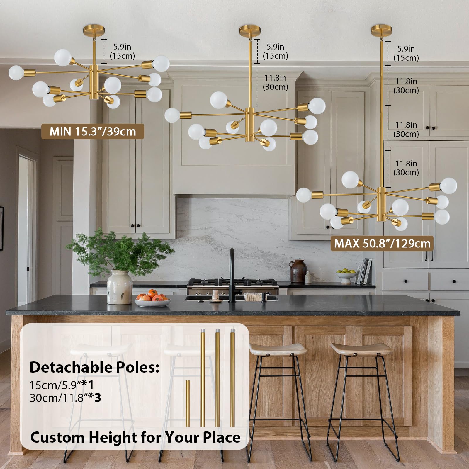 Kaisite Modern Chandelier Ceiling Light Fixture Sputnik Chandelier 10-Light Gold Chandelier For Dining Room Over Table Height Ad