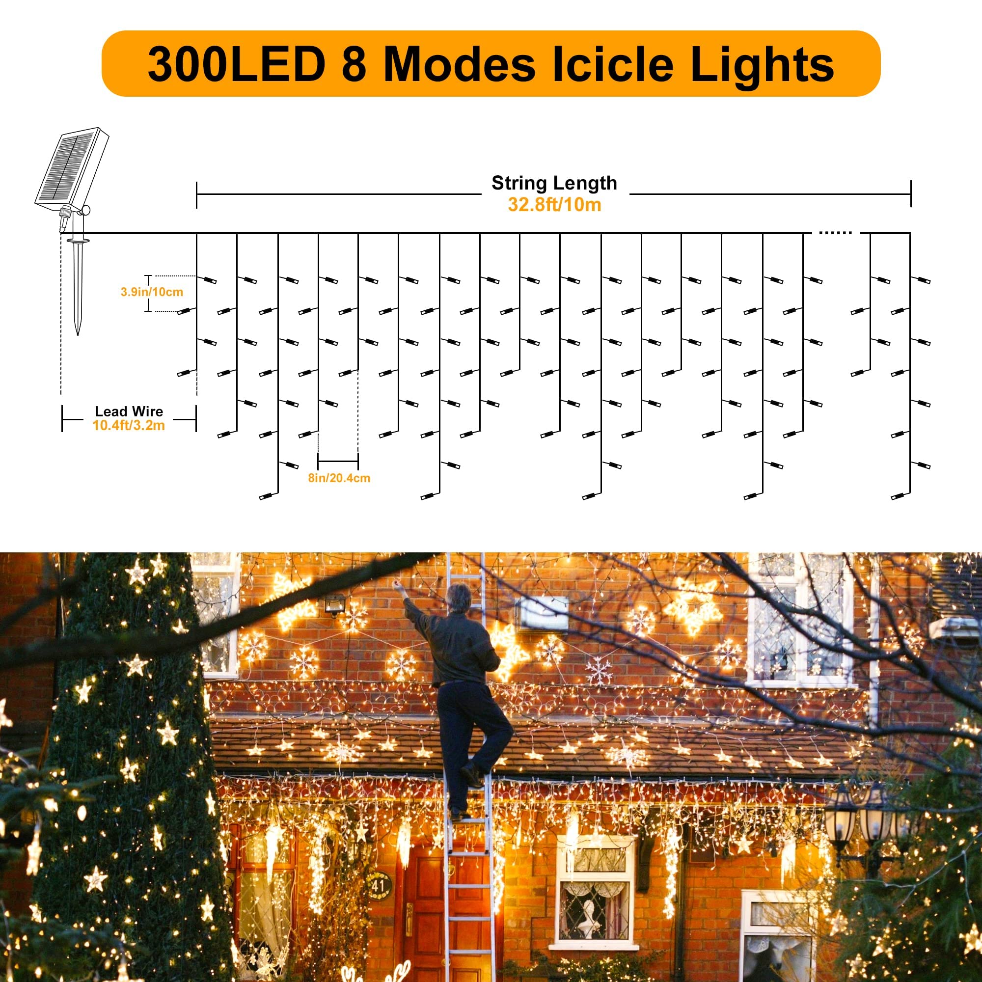 mimigogo 300 LED Solar Icicle Lights, 33ft, 8 Modes, Warm White, Outdoor String Lights for Christmas Holiday Wedding Party Decorations