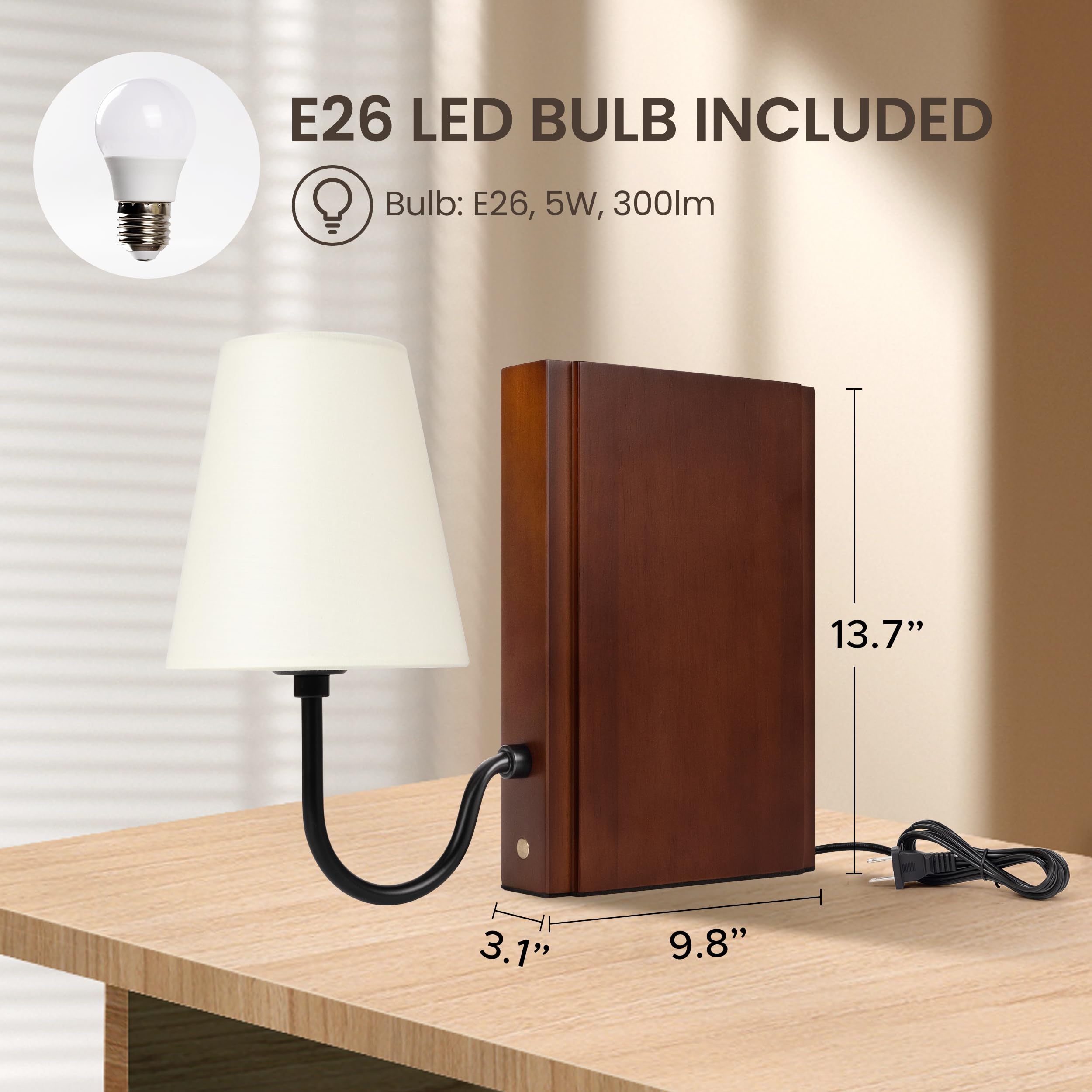 AELS Wooden Bookshelf Lamp, 3-Color Dimmable Touch Control, Table Lamp with Linen Shade, Plug-in Model, Dark Brown, Model SL0964