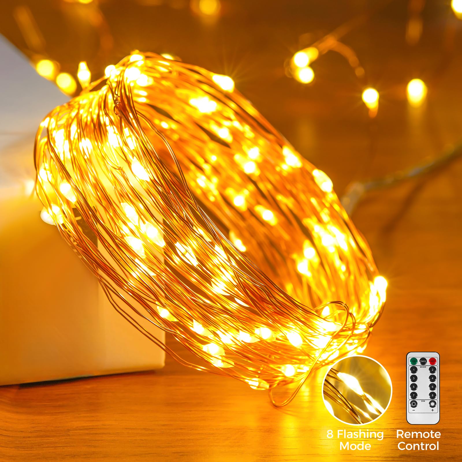 Ariceleo 1 Pack 32. 8 Ft. Usb Powered Fairy Lights With Remote & Timer, 100 Led Usb Twinkle String Lights - Silver Wire, 8 Modes, Waterproof, Warm White Starry Lights For Party, Wedding, Christmas