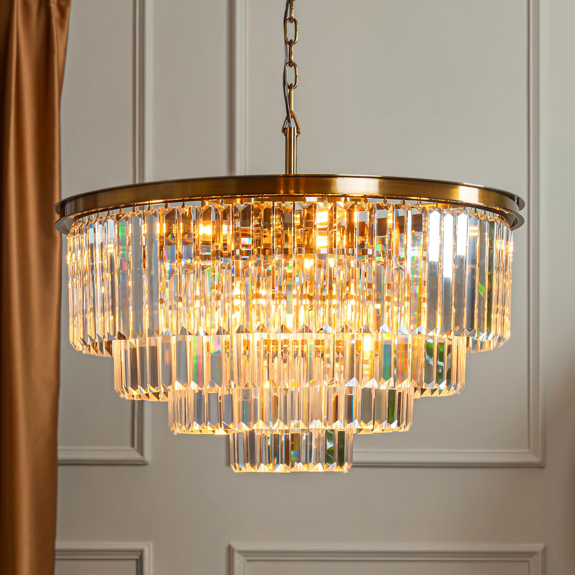 ALOADECOR 8-Lights Modern Antique Gold 4-Tier Crystal Fringe Chandelier Odeon Large Round Crystal Chandeliers for Living Room Di
