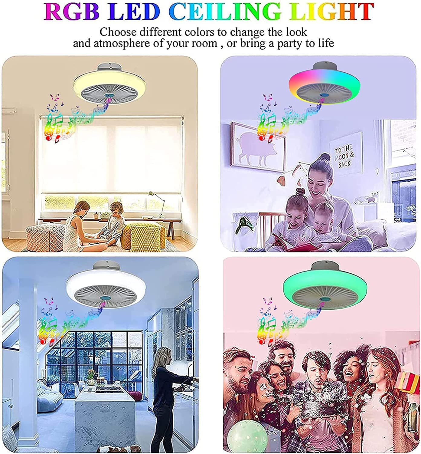 GOYOJO Bluetooth Ceiling Fan with Lights, RGB Dimmable LED, 17.7in, White, Model 601968719357, 3 Wind Speeds, App-Timing Setting