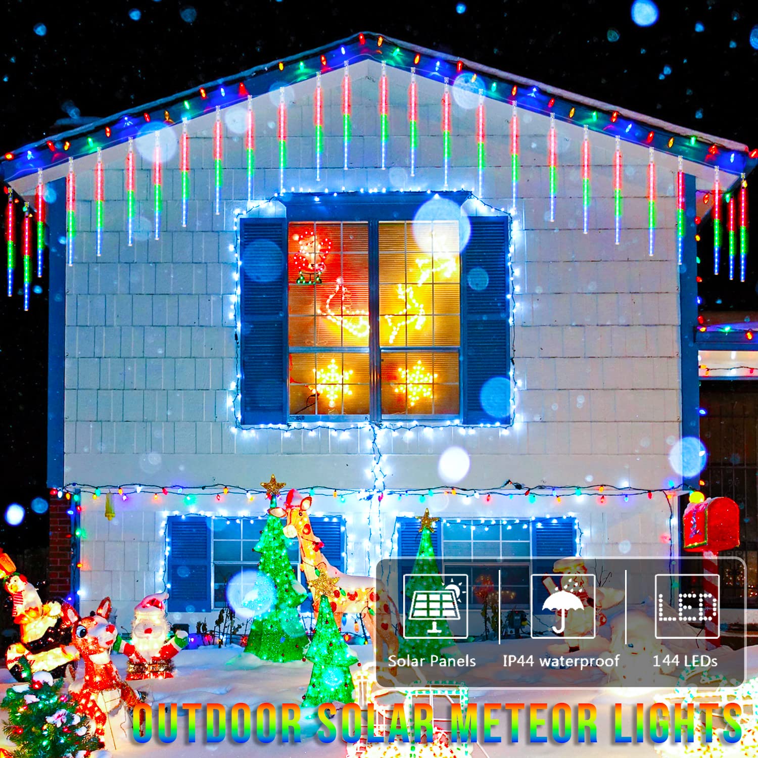 Jmexsuss 2 Pack Multicolor Meteor Shower Lights Outdoor, Each 8 Tube 192 Led Christmas Lights, Waterproof Plug In Icicle Lights For Outside Tree Xmas Party Patio Decoration