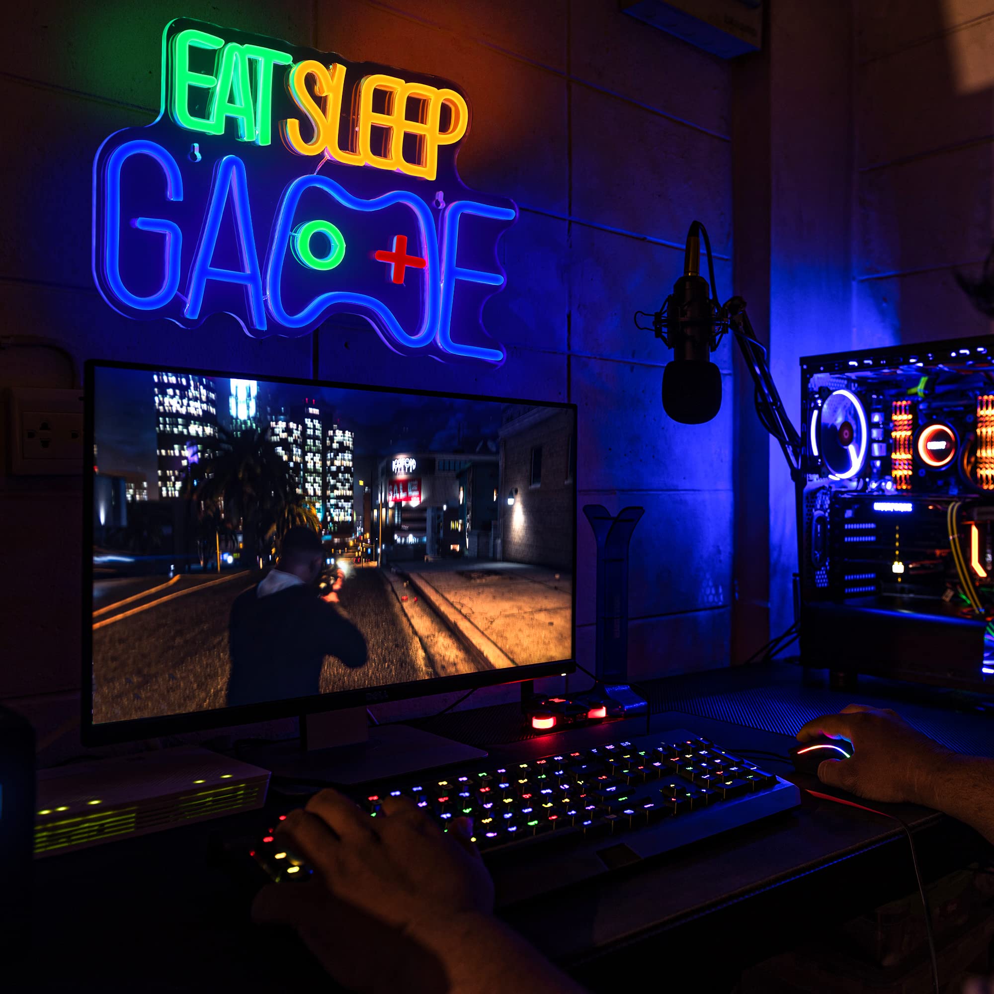 Enhon Neon Sign for Gamers, EAT SLEEP GAME Wall Decor, 8.7L x 13W, Blue, Acrylic, Model Enhon-Neon-0378