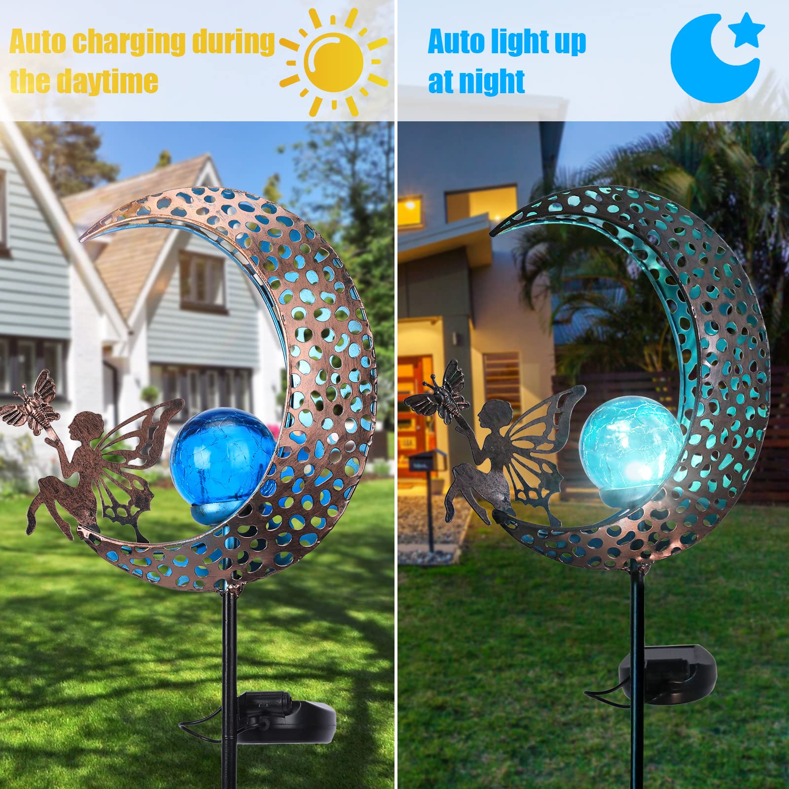 Bshine Moon Solar Light Outdoor Garden Decoration  Moon Fairy Garden Statue Christmas Outdoor Decor Metal Waterproof Light Stake For Patio  Path  Yard And Lawn Ornament  Housewarming Gift For Mom Blue