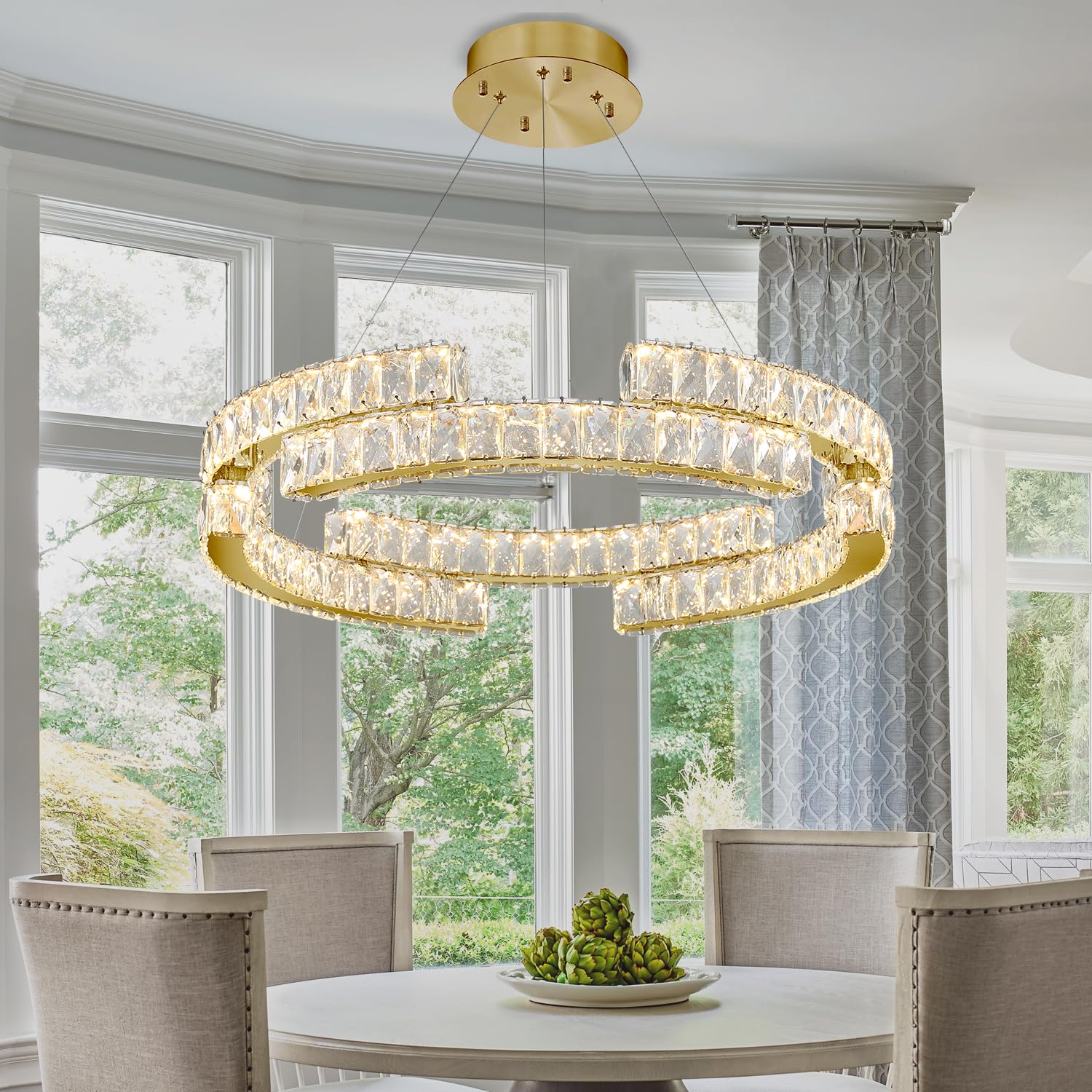 IDEQUY Modern Gold 3 Ring Crystal Chandelier, 47.5''-16'' Dimmable Pendant Light, Stainless Steel & Crystal, Model CF8014-4710J