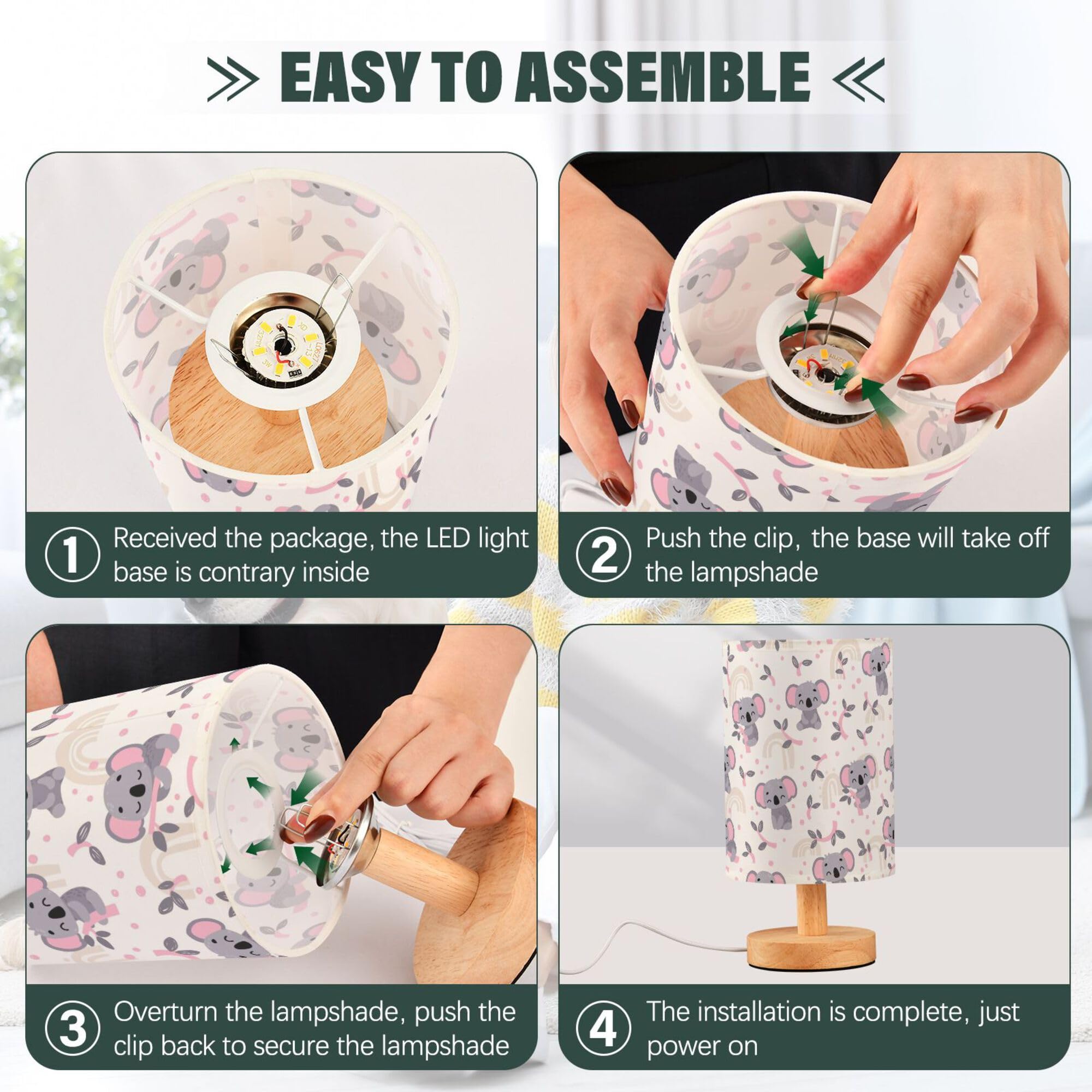 Yyzzh Table Lamp Cute Koala Eucalyptus Branch Scandinavian Pattern Nightstand Lamp With Wood Base Fabric Lamp Shade Bedside Desk