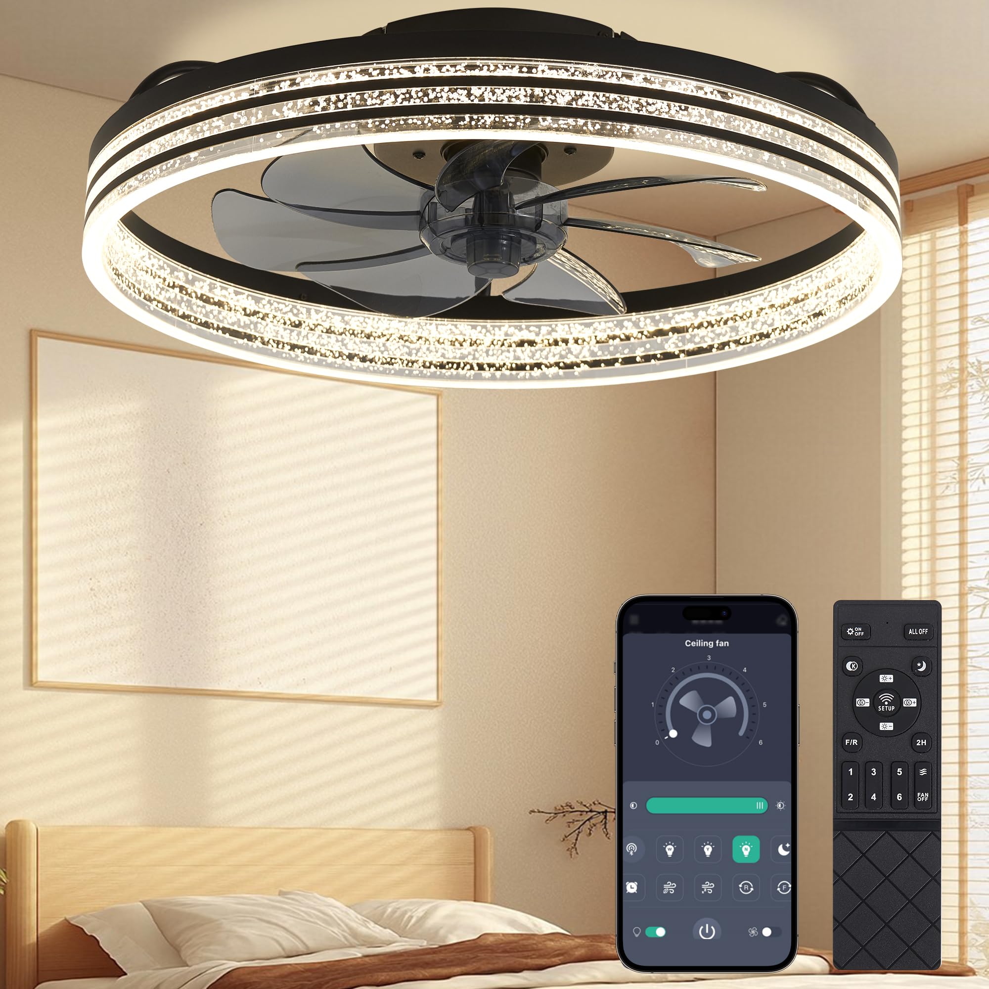 Ceiling Fans with Lights and Remote Fandelier - 20 Black and White Flush Mount Low Profile Modern Ceiling Fans for Bedroom - Stepless Color Temperature and 6 Speeds
