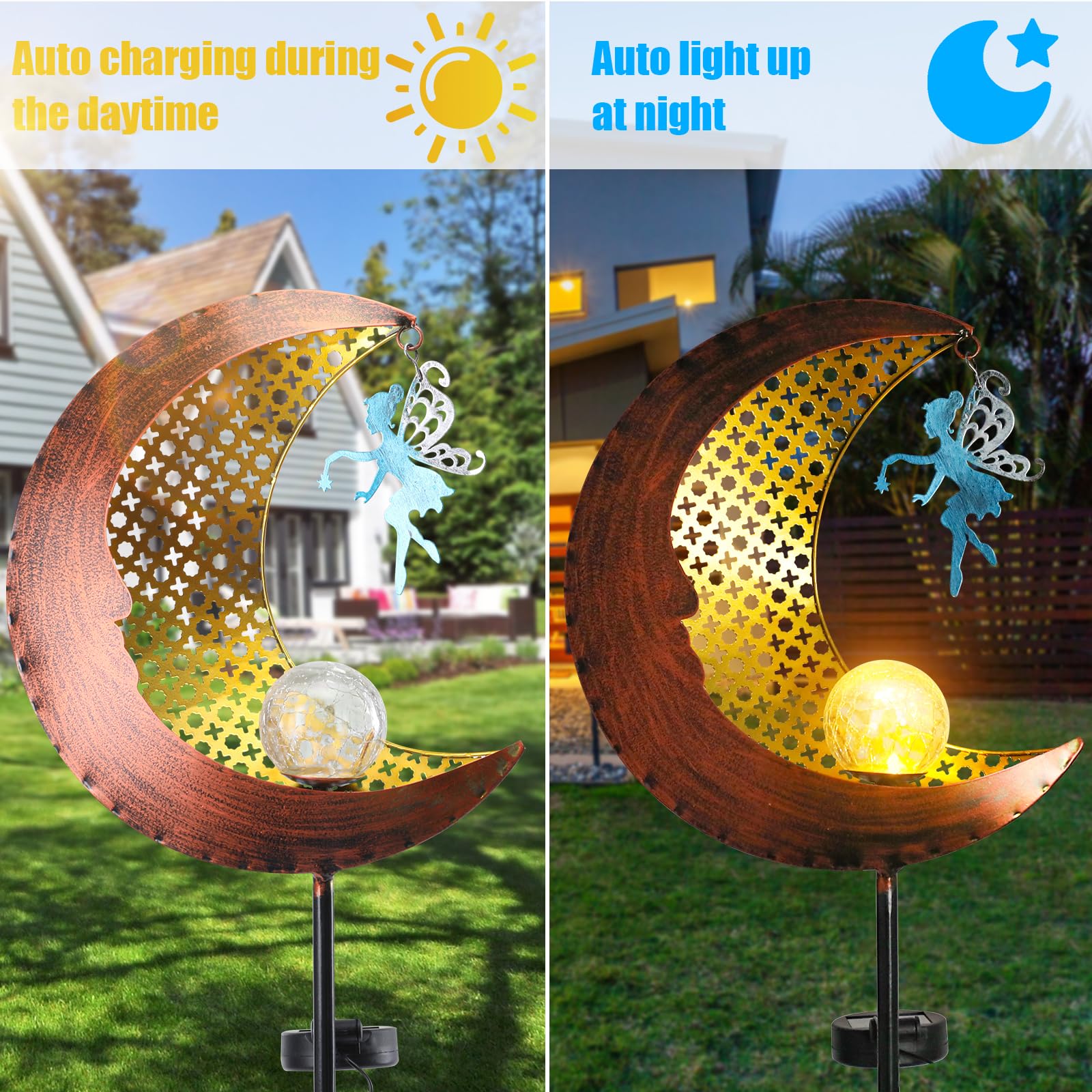 Bshine Moon Solar Light Outdoor Garden Decor  Moon Fairy Garden Statue Christmas Outdoor Decor Metal Waterproof Light Stake For Patio  Path  Yard And Lawn Ornament  Housewarming Gift For Mom Bronze