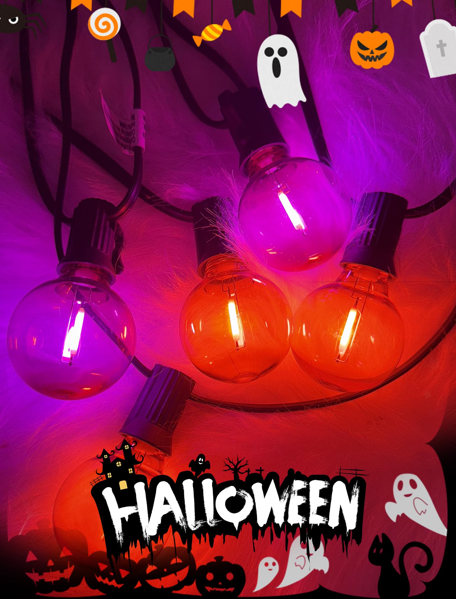 Xingzd 25FT Halloween String Lights, 25 G40 LED Bulbs, Shatterproof, Warm White, Clear Purple Orange