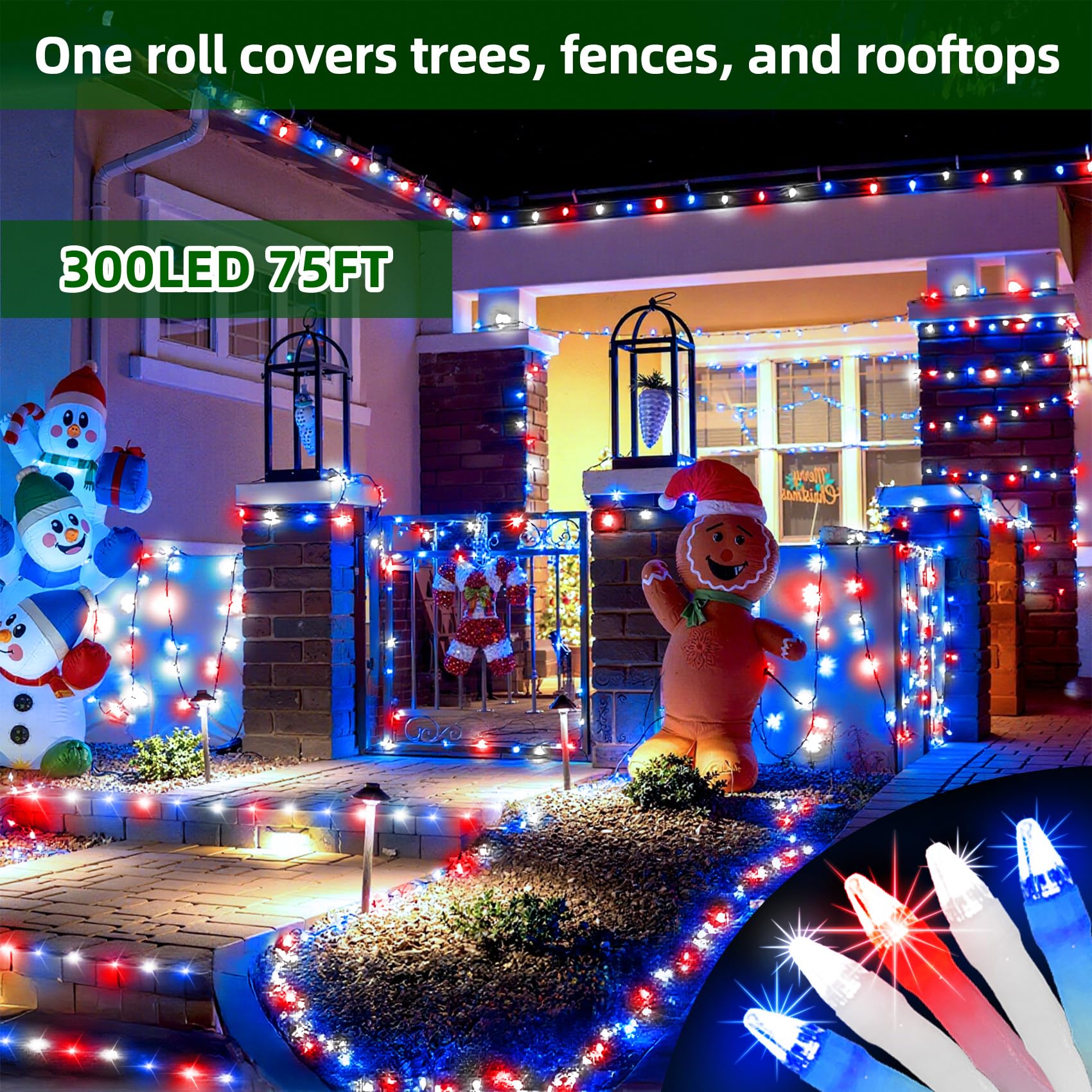 QUHUATU 300LED Christmas Lights, 75ft Red White & Blue String Lights with Timer, 12 Modes for Indoor Outdoor Decor, Model WX-300L