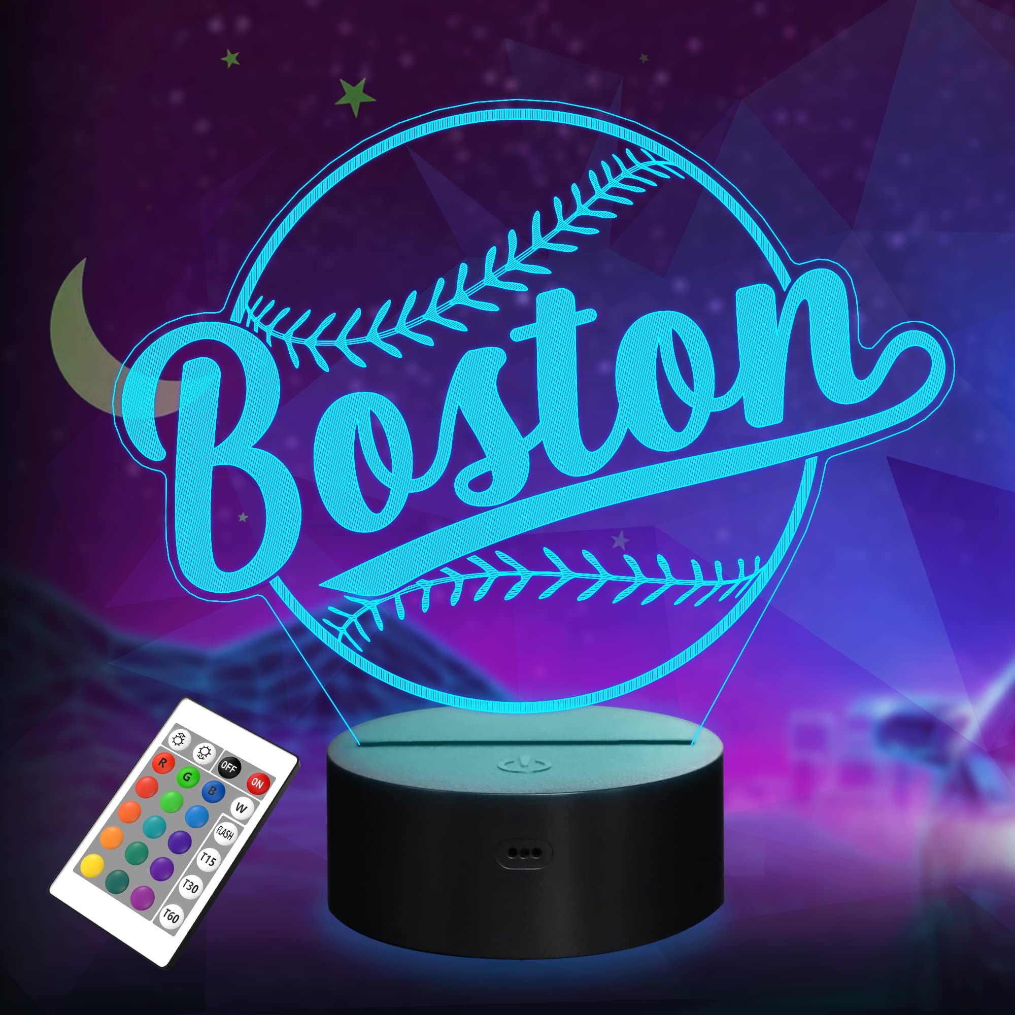 Lightzz 3D Illusion Lamp - Baseball Night Light with Remote Control, 16 Colors, Acrylic Decor, Model FS-xxxyyy, Boston Color