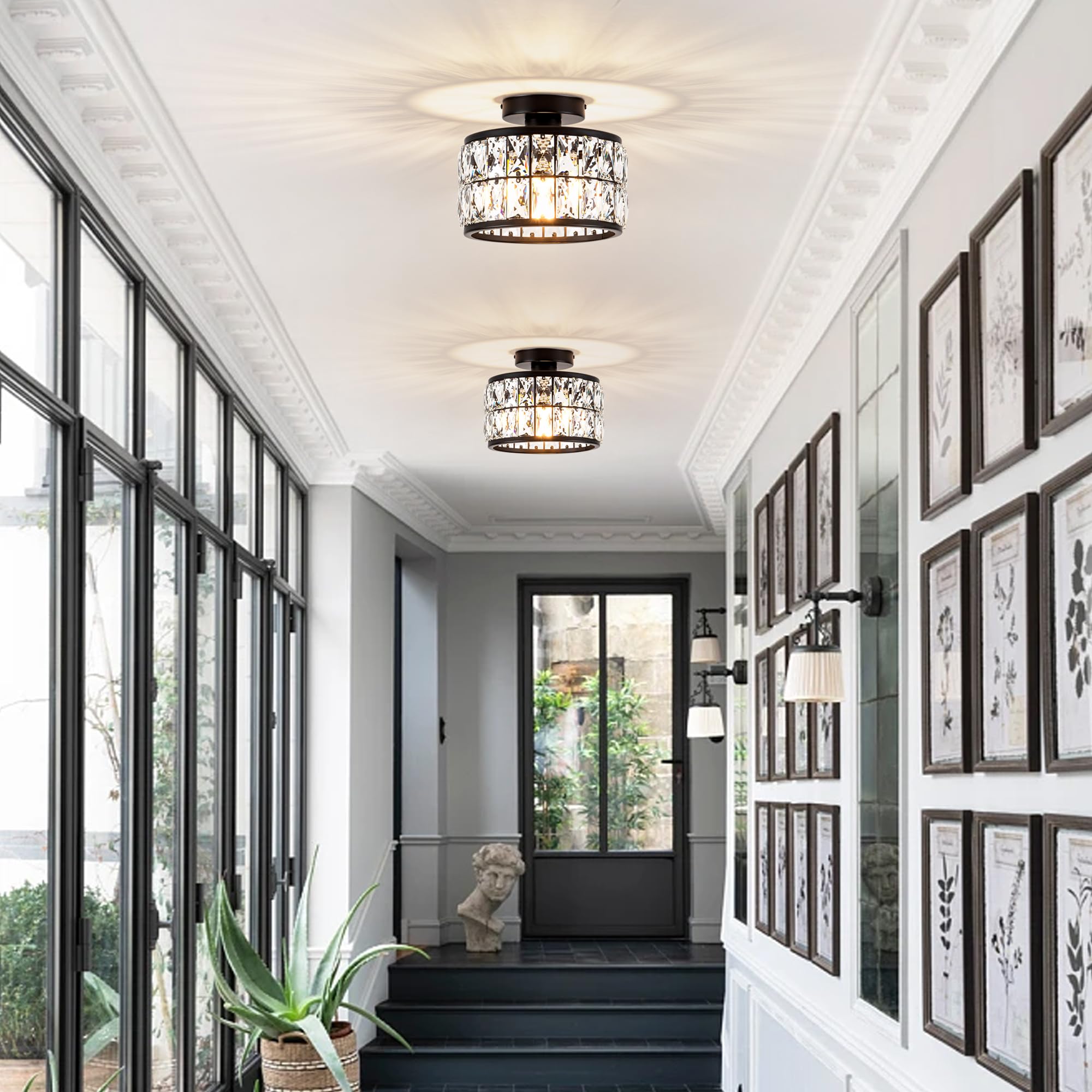 Rpzloila Crystal Ceiling Light Fixture, Modern Semi Flush Mount, Metal, Black Finish, Model 8102-1X-BK