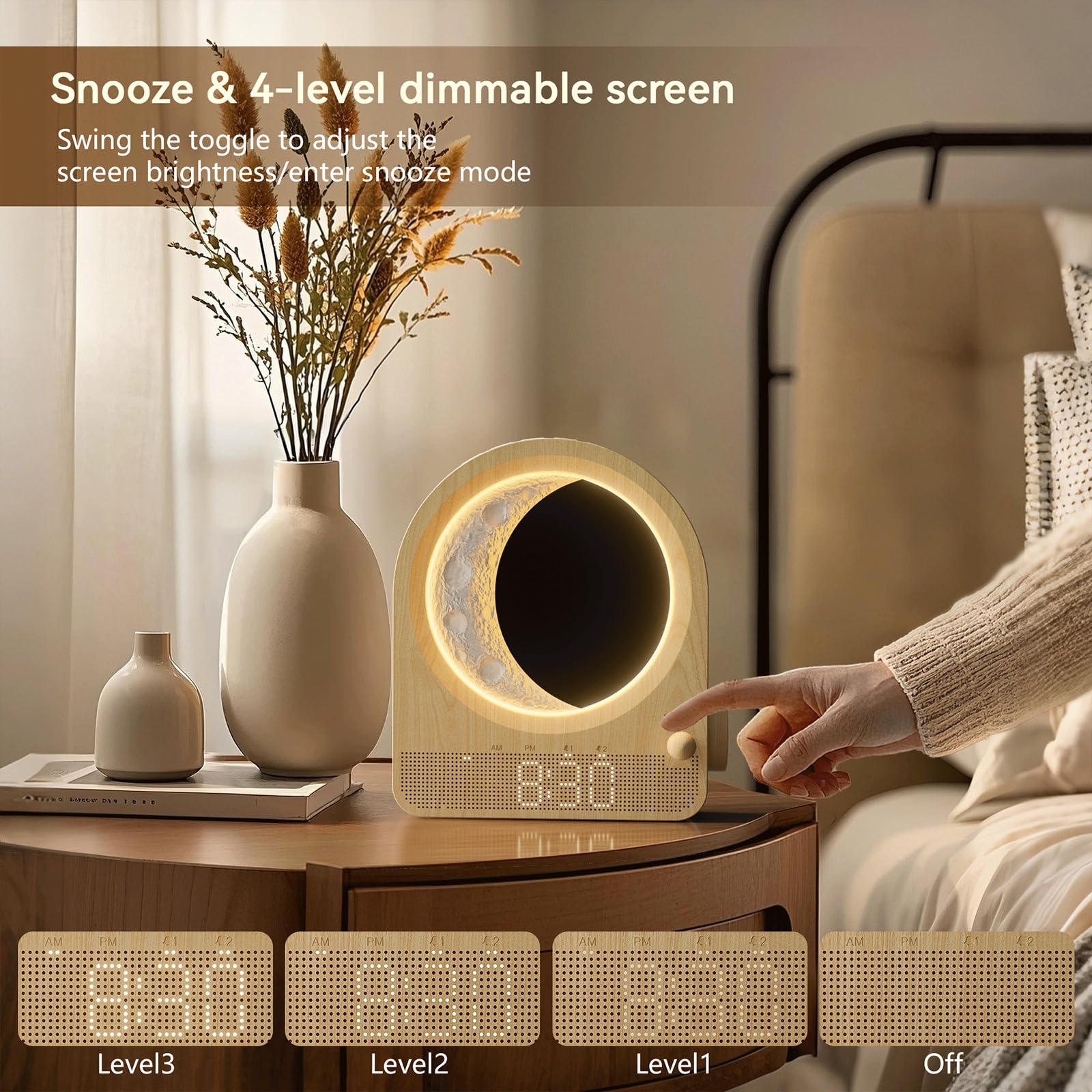 blonbar Sunrise Alarm Clock with Dimmable Moon Lamp, Dual Alarm, 12 Levels Volume, Natural Sounds, Woodgrain, Model AJ350A