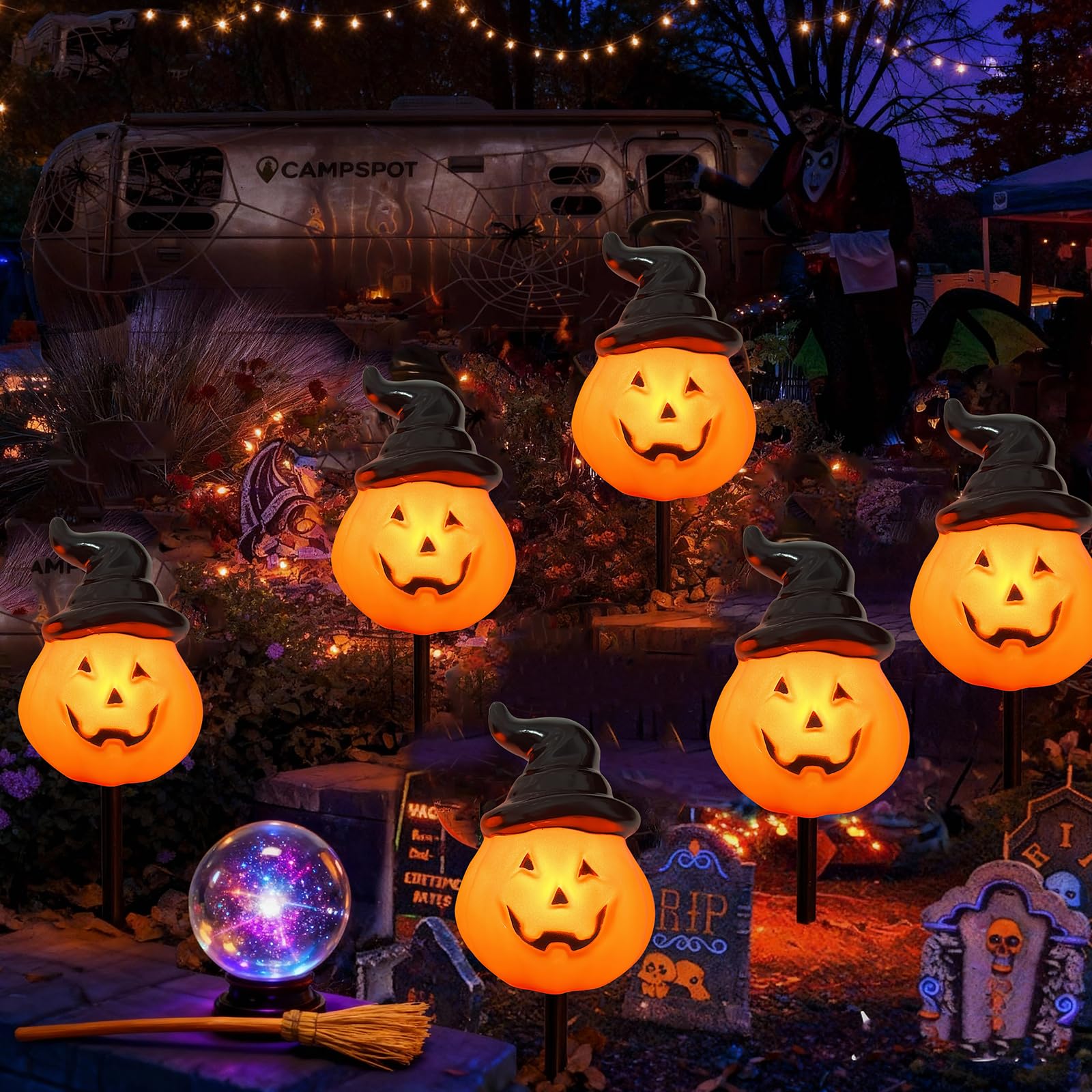 Halloween Pumpkin Pathway String Lights 4 Jack-O-Lantern Stakes Lights With C7 Bulbs  7Ft Extendable Wizard Hat Pumpkin Markers Lights For Outdoor Halloween Lawn Pathway Walkway Driveway Lighting
